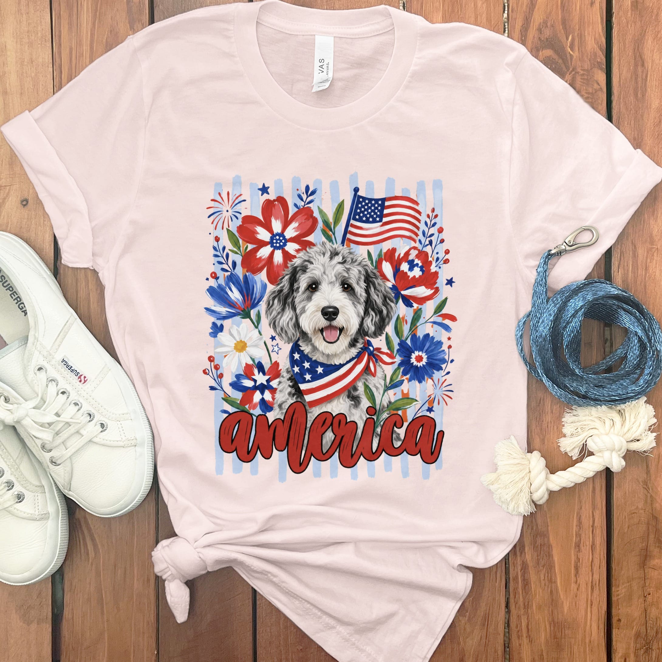 Merle Doodle America T-Shirt in Soft Pink / S by Puppy Jo