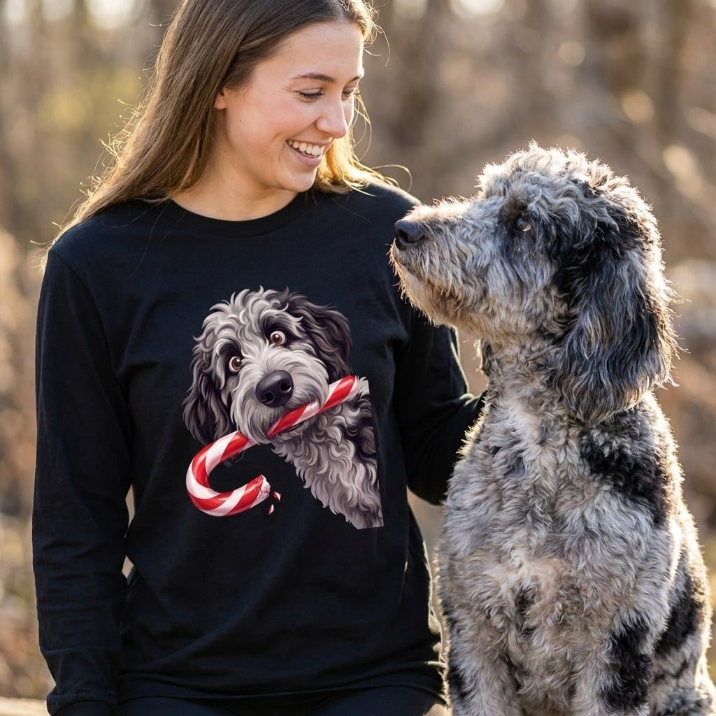 Merle Goldendoodle Candy Cane Thief Long Sleeve T-Shirt in by Puppy Jo