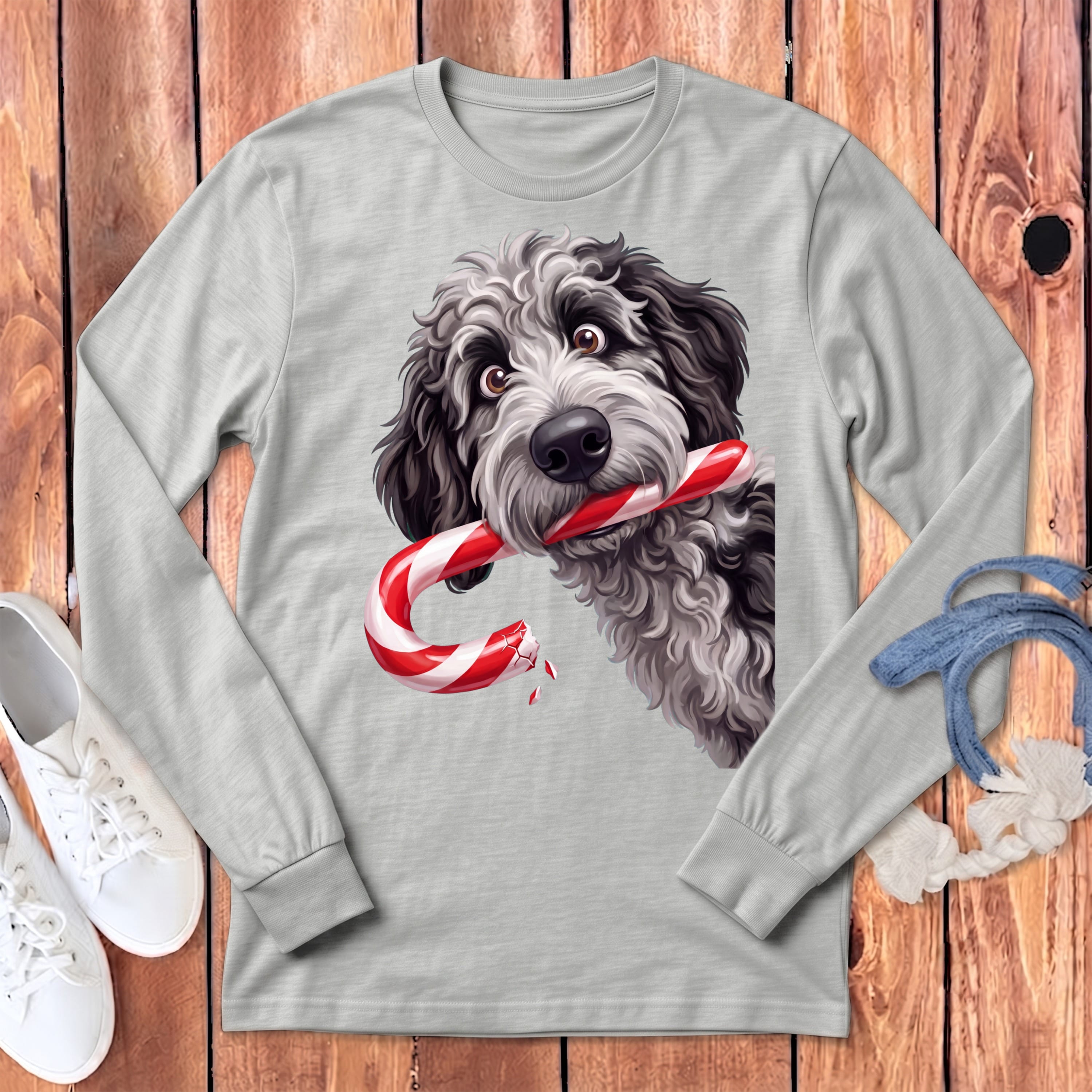 Merle Goldendoodle Candy Cane Thief Long Sleeve T-Shirt in S / Athletic Heather by Puppy Jo
