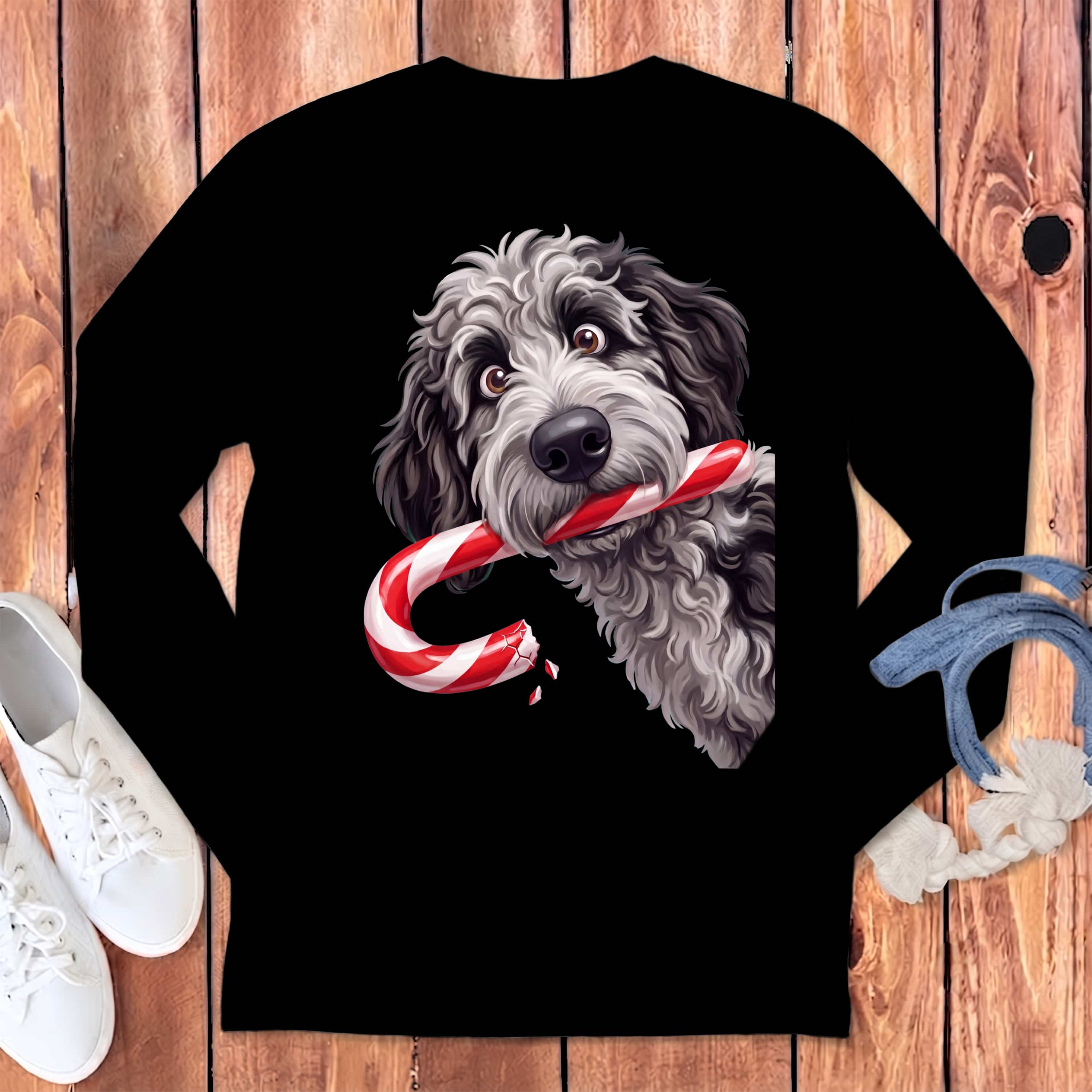 Merle Goldendoodle Candy Cane Thief Long Sleeve T-Shirt in S / Black by Puppy Jo