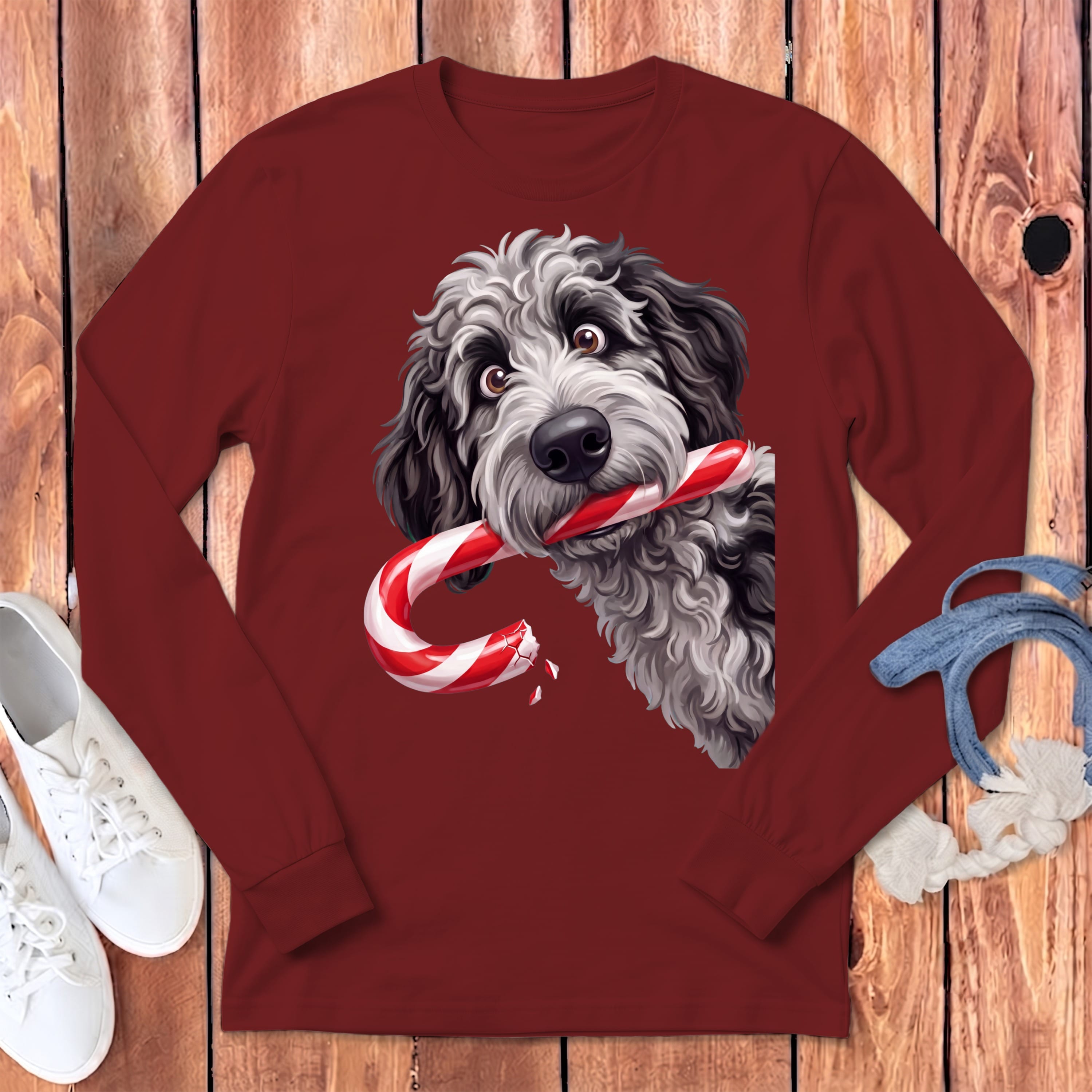 Merle Goldendoodle Candy Cane Thief Long Sleeve T-Shirt in S / Cardinal by Puppy Jo