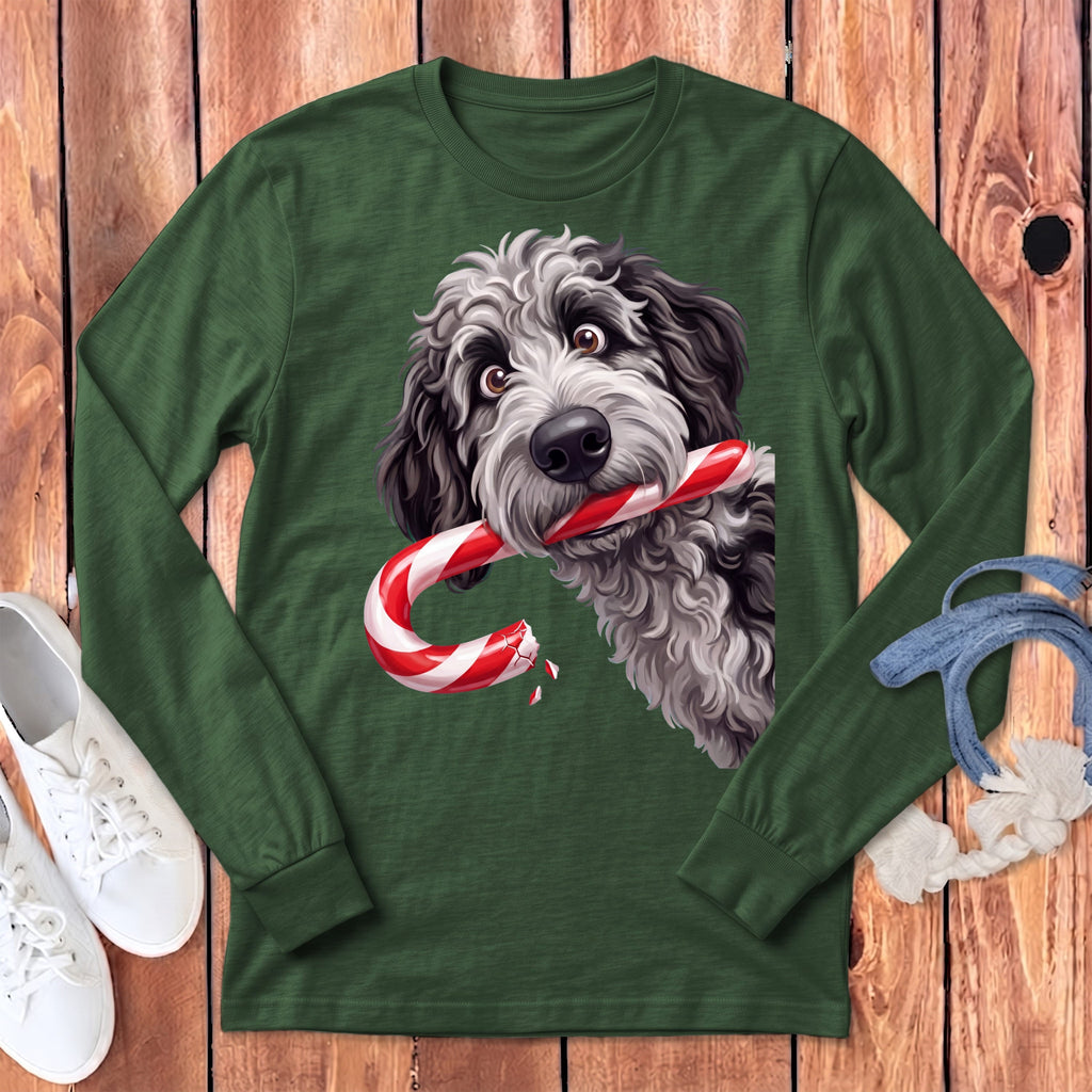 Merle Goldendoodle Candy Cane Thief Long Sleeve T-Shirt in S / Heather Forest by Puppy Jo