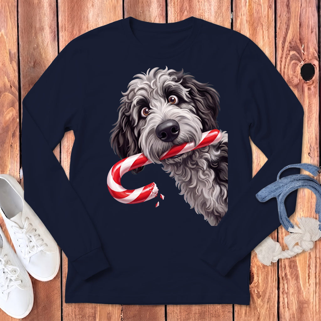Merle Goldendoodle Candy Cane Thief Long Sleeve T-Shirt in S / Navy by Puppy Jo