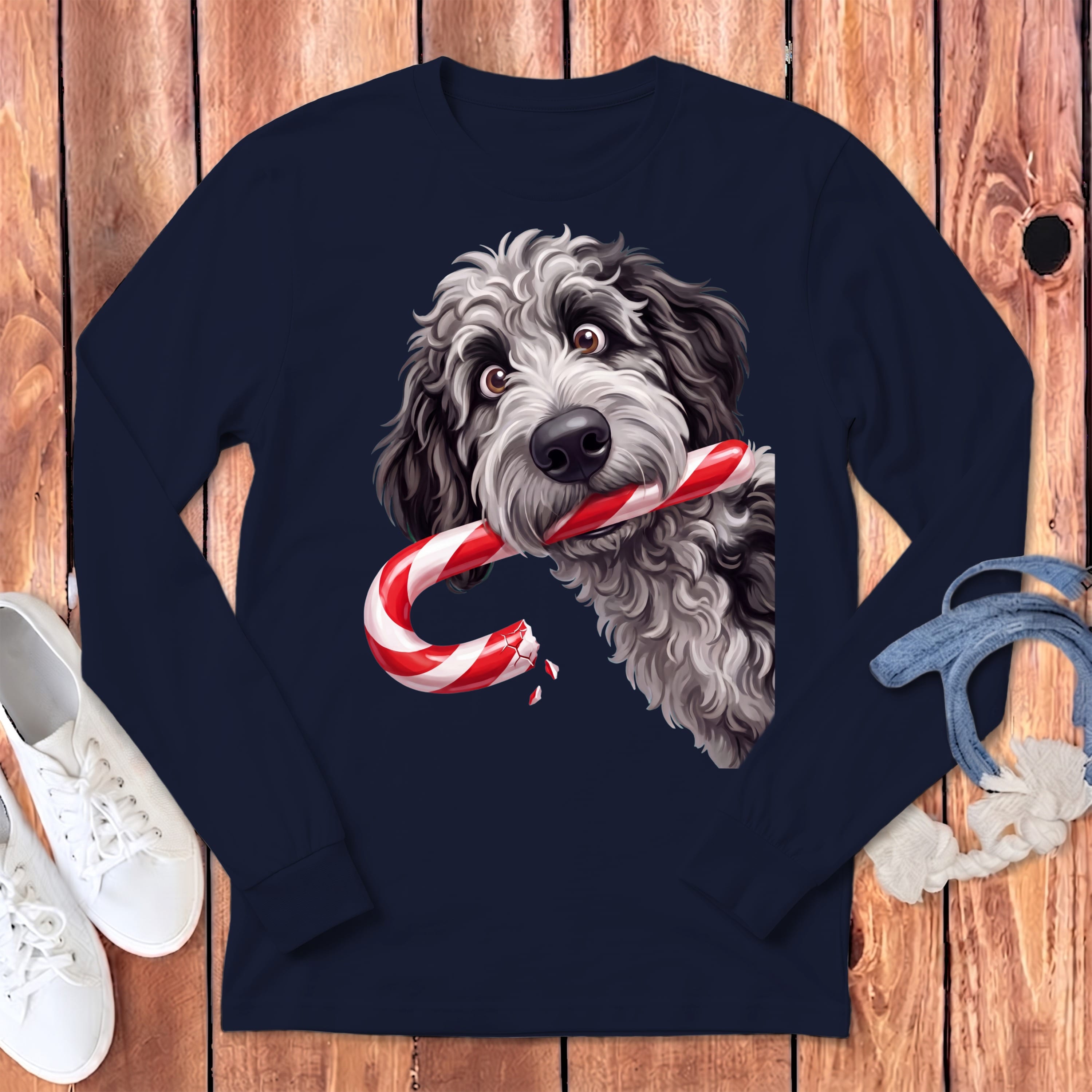Merle Goldendoodle Candy Cane Thief Long Sleeve T-Shirt in S / Navy by Puppy Jo