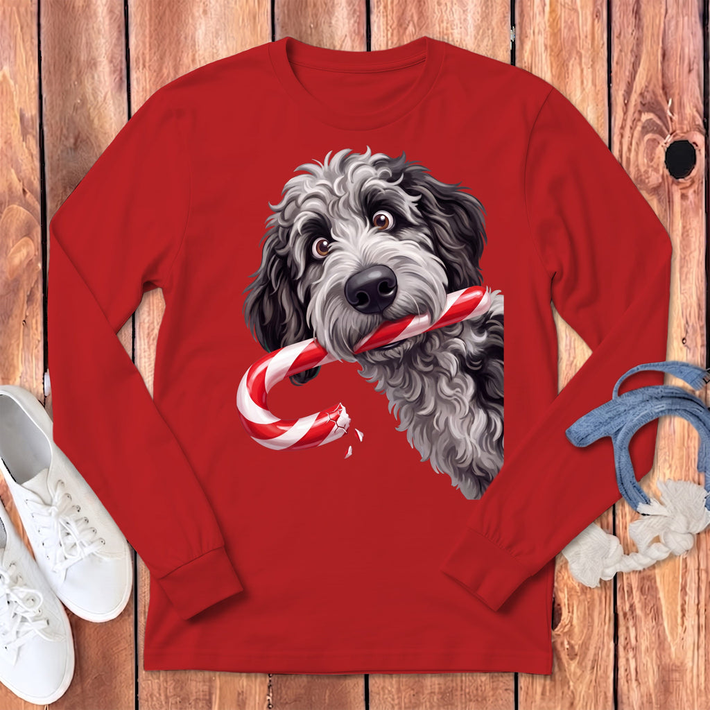 Merle Goldendoodle Candy Cane Thief Long Sleeve T-Shirt in S / Red by Puppy Jo