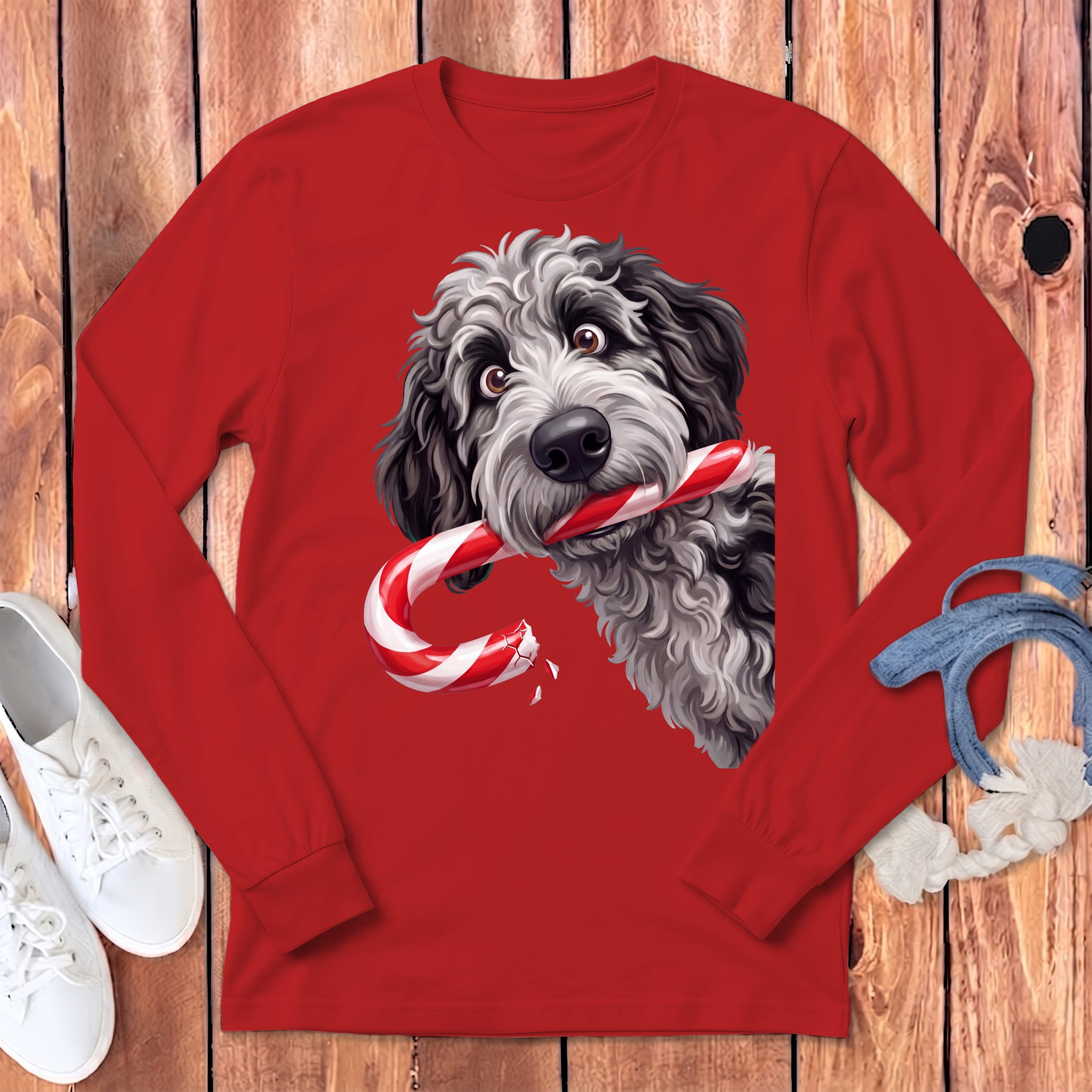 Merle Goldendoodle Candy Cane Thief Long Sleeve T-Shirt in S / Red by Puppy Jo