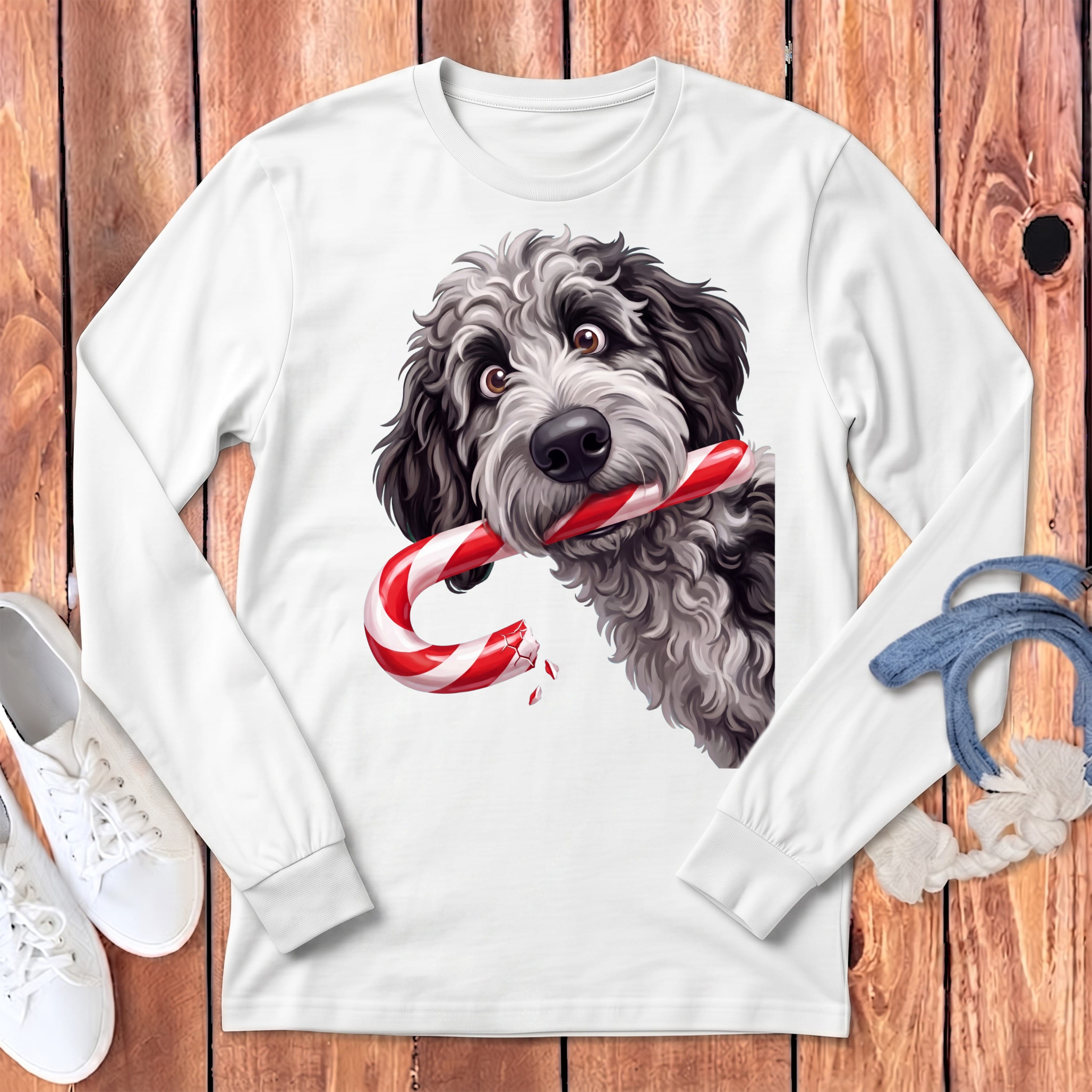 Merle Goldendoodle Candy Cane Thief Long Sleeve T-Shirt in S / White by Puppy Jo