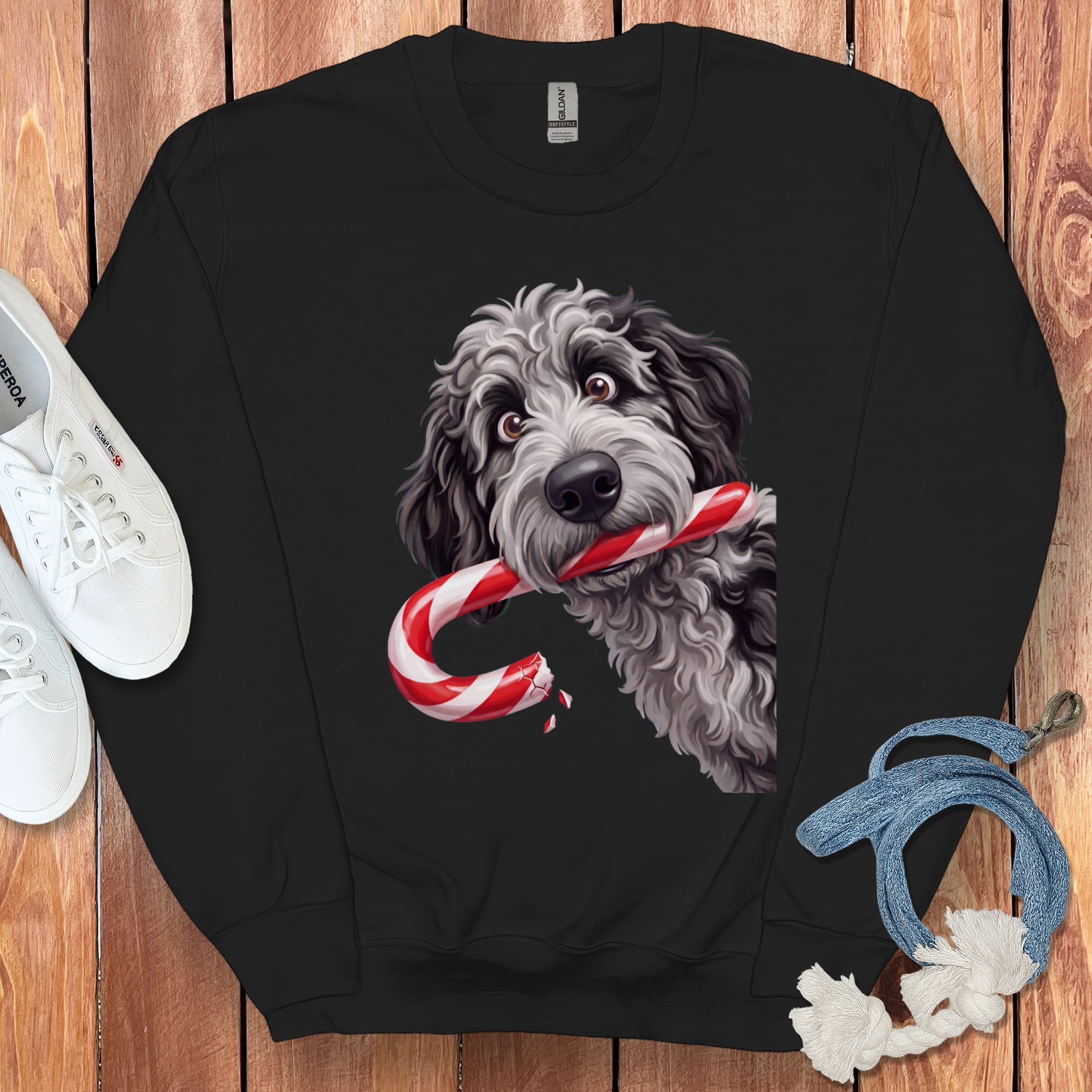 Merle Goldendoodle Candy Cane Thief Sweatshirt in Black / S by Puppy Jo