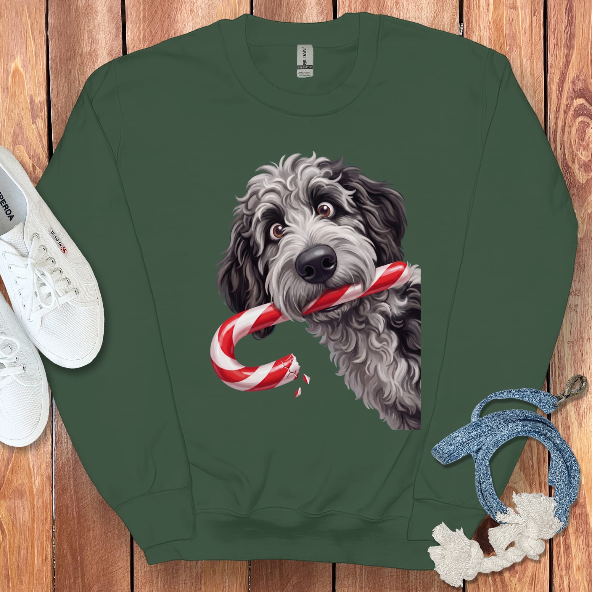 Merle Goldendoodle Candy Cane Thief Sweatshirt in Forest Green / S by Puppy Jo