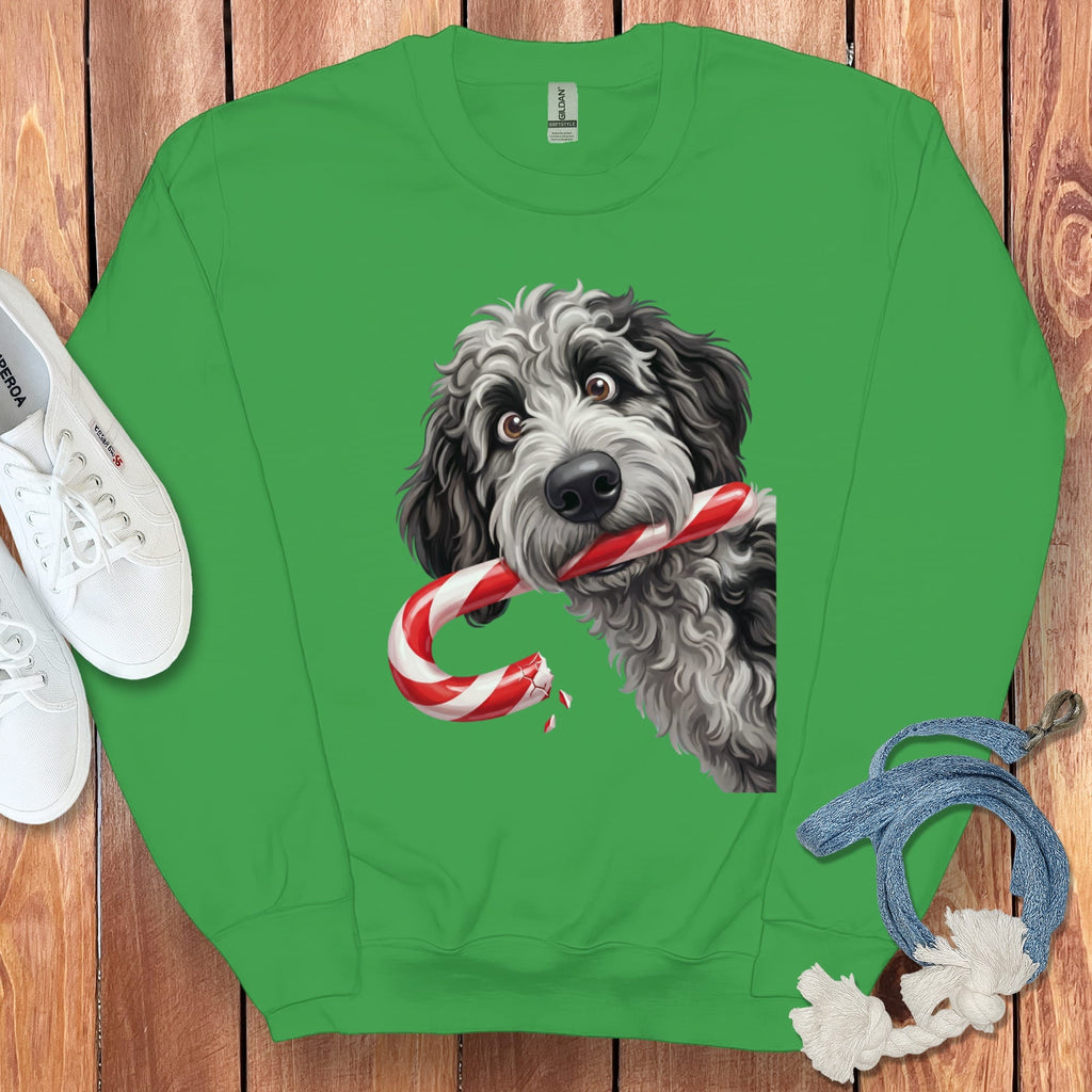 Merle Goldendoodle Candy Cane Thief Sweatshirt in Irish Green / S by Puppy Jo