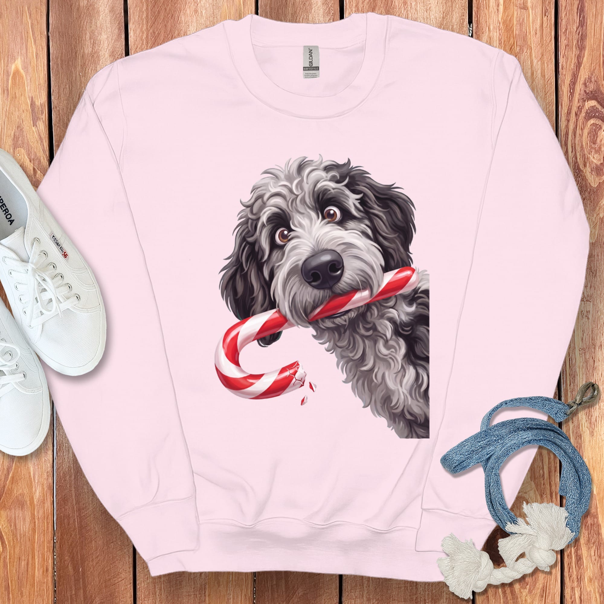 Merle Goldendoodle Candy Cane Thief Sweatshirt in Light Pink / S by Puppy Jo