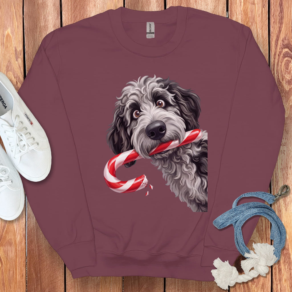 Merle Goldendoodle Candy Cane Thief Sweatshirt in Maroon / S by Puppy Jo