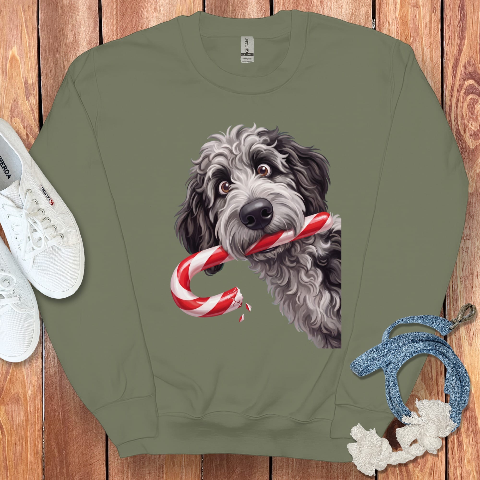 Merle Goldendoodle Candy Cane Thief Sweatshirt in Military Green / S by Puppy Jo