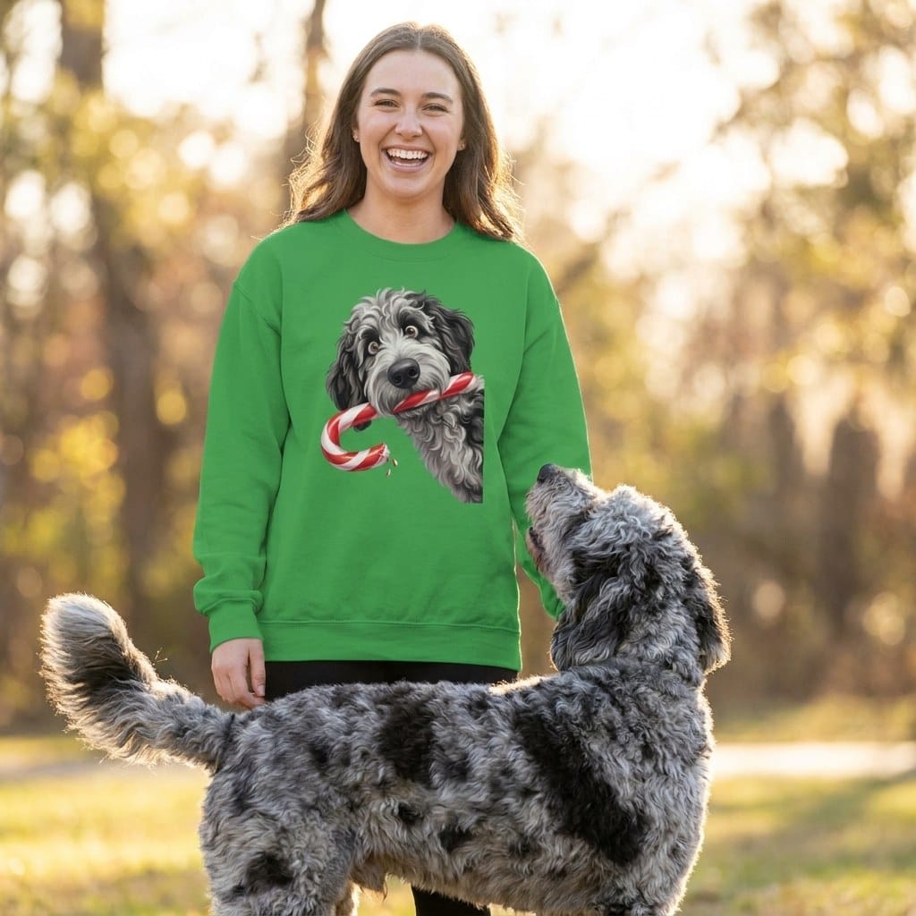 Merle Goldendoodle Candy Cane Thief Sweatshirt in by Puppy Jo