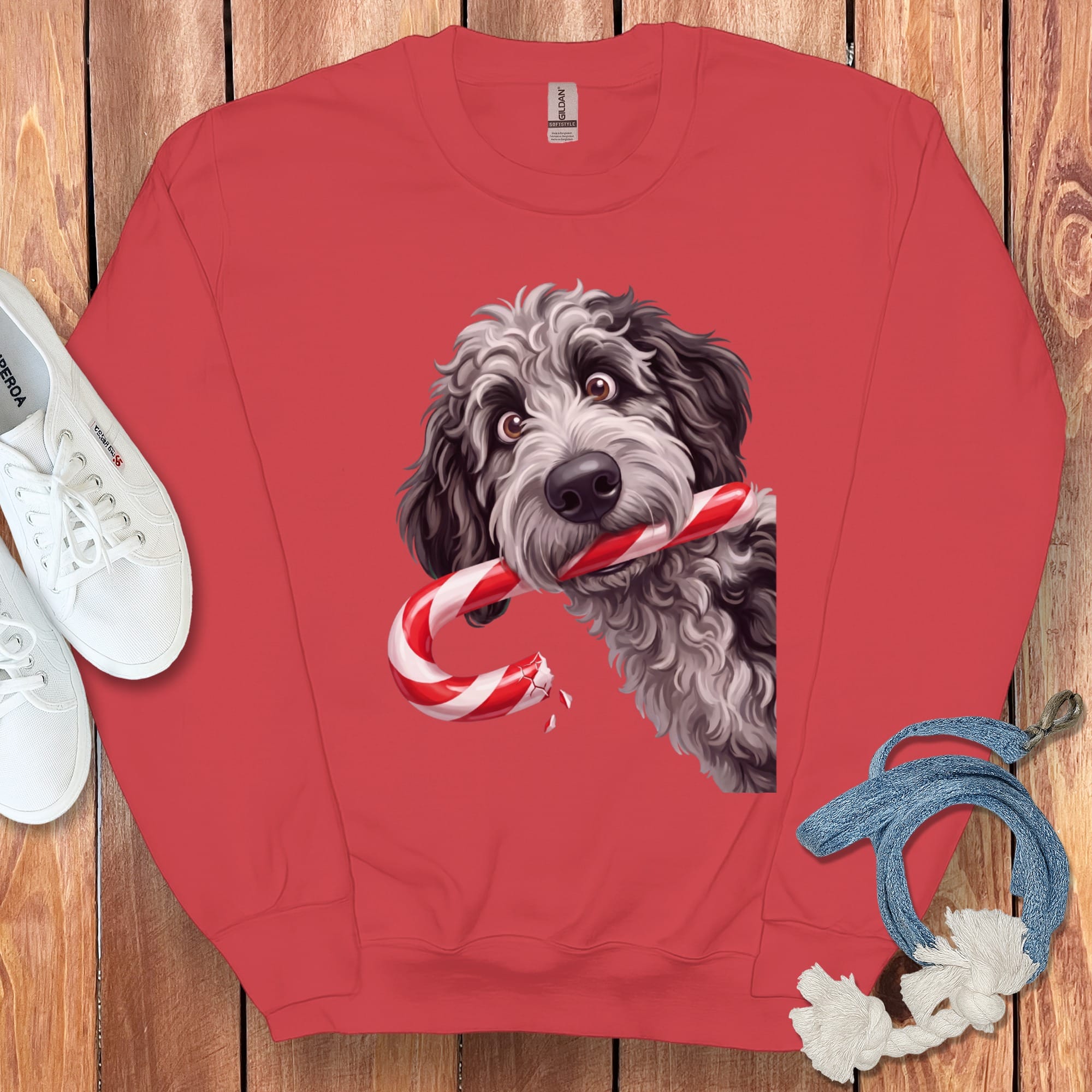 Merle Goldendoodle Candy Cane Thief Sweatshirt in Red / S by Puppy Jo