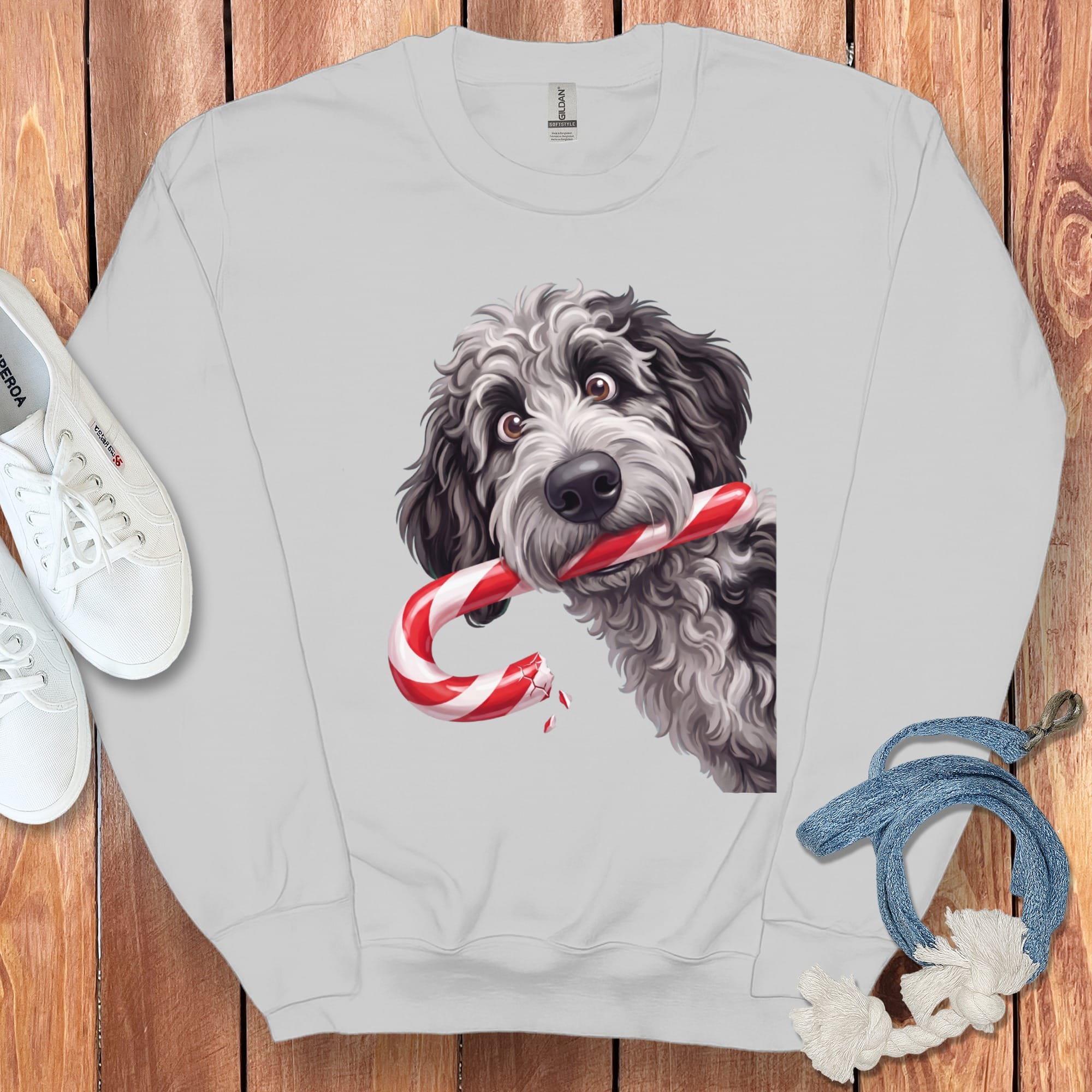 Merle Goldendoodle Candy Cane Thief Sweatshirt in Sport Grey / S by Puppy Jo