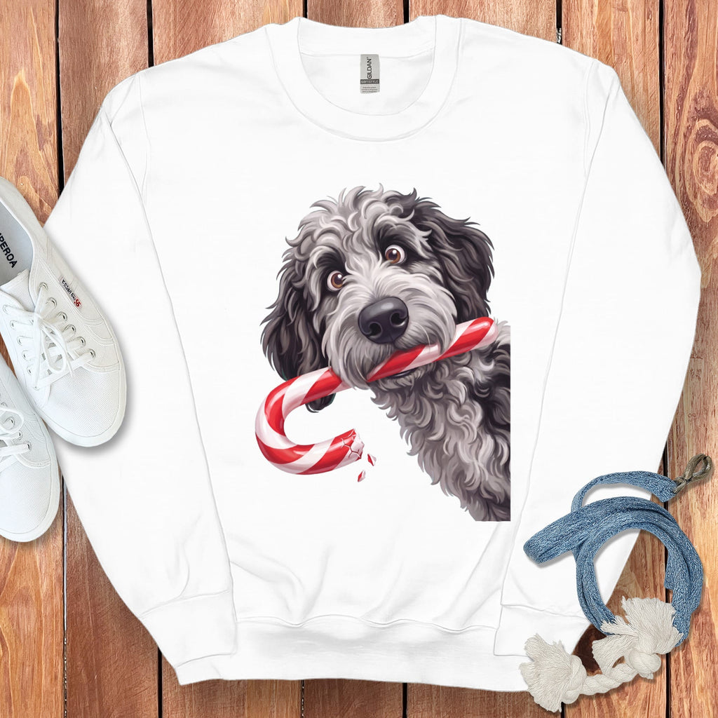 Merle Goldendoodle Candy Cane Thief Sweatshirt in White / S by Puppy Jo