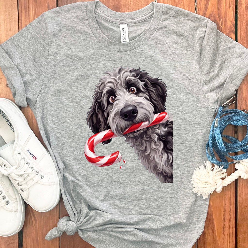Merle Goldendoodle Candy Cane Thief T-Shirt in Athletic Heather / S by Puppy Jo