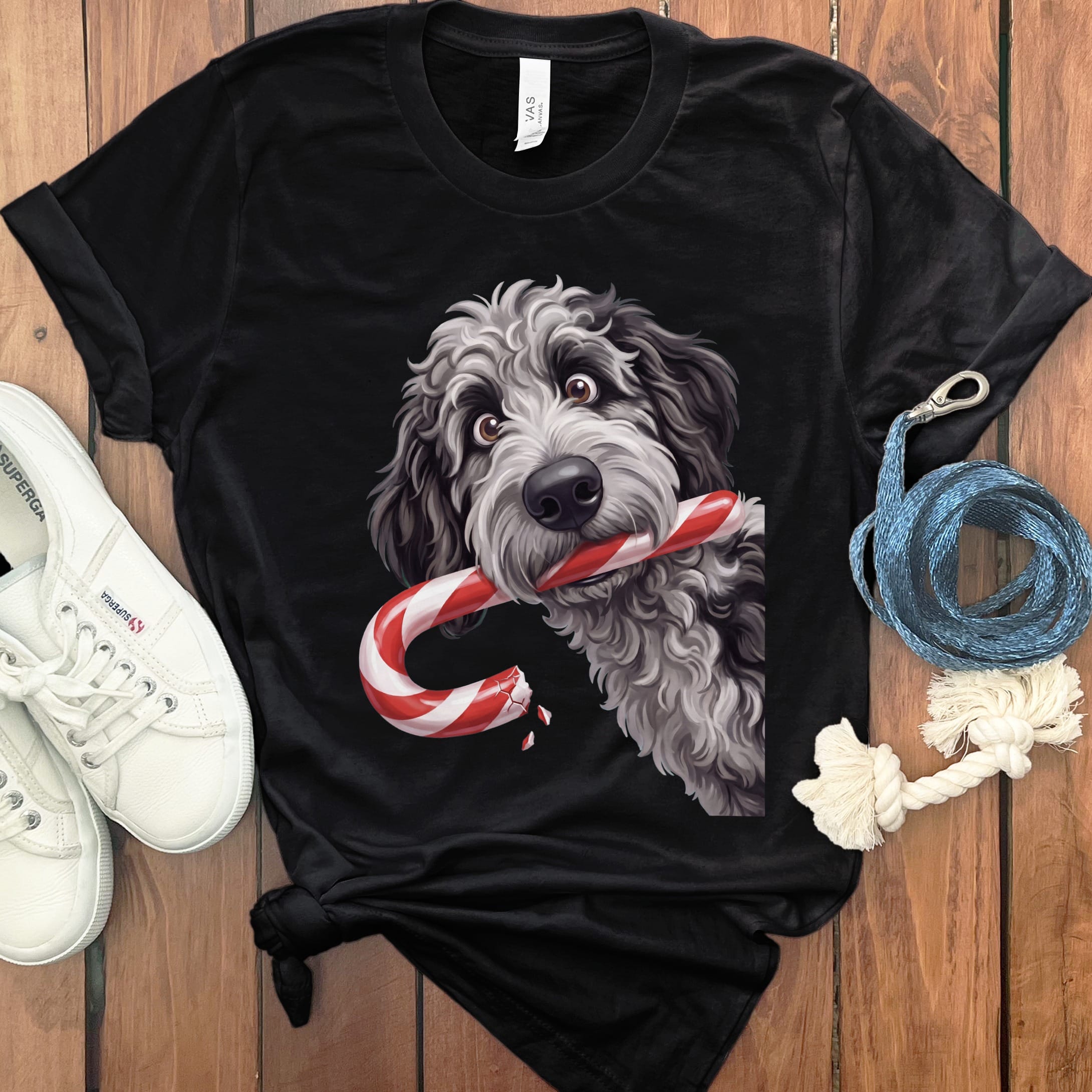 Merle Goldendoodle Candy Cane Thief T-Shirt in Black / S by Puppy Jo