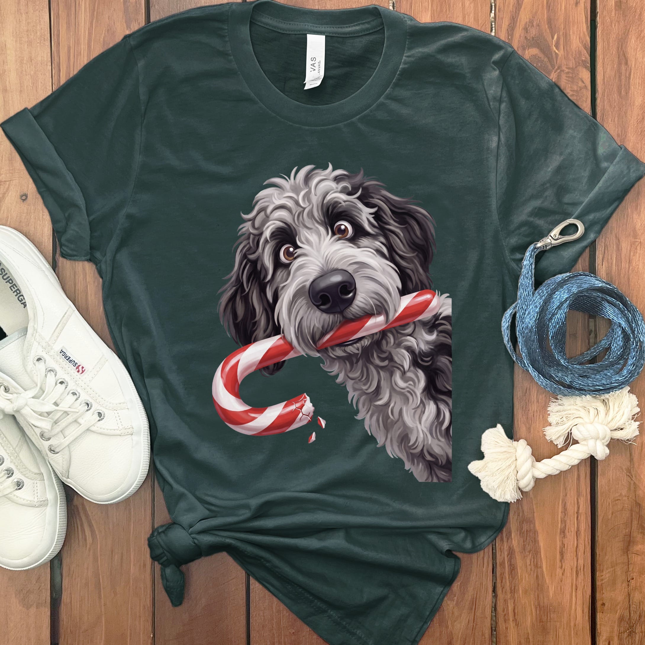 Merle Goldendoodle Candy Cane Thief T-Shirt in Forest / S by Puppy Jo