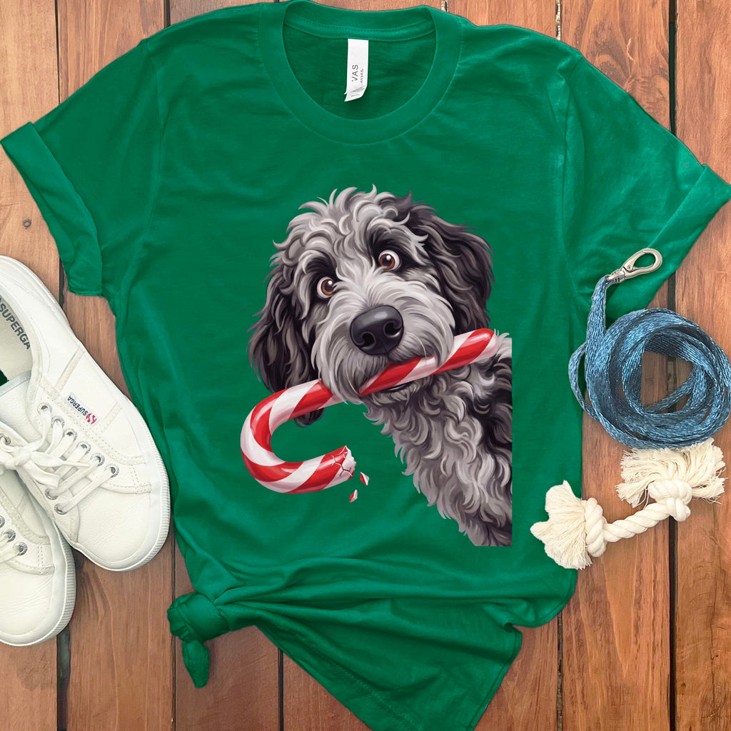 Merle Goldendoodle Candy Cane Thief T-Shirt in Kelly / S by Puppy Jo