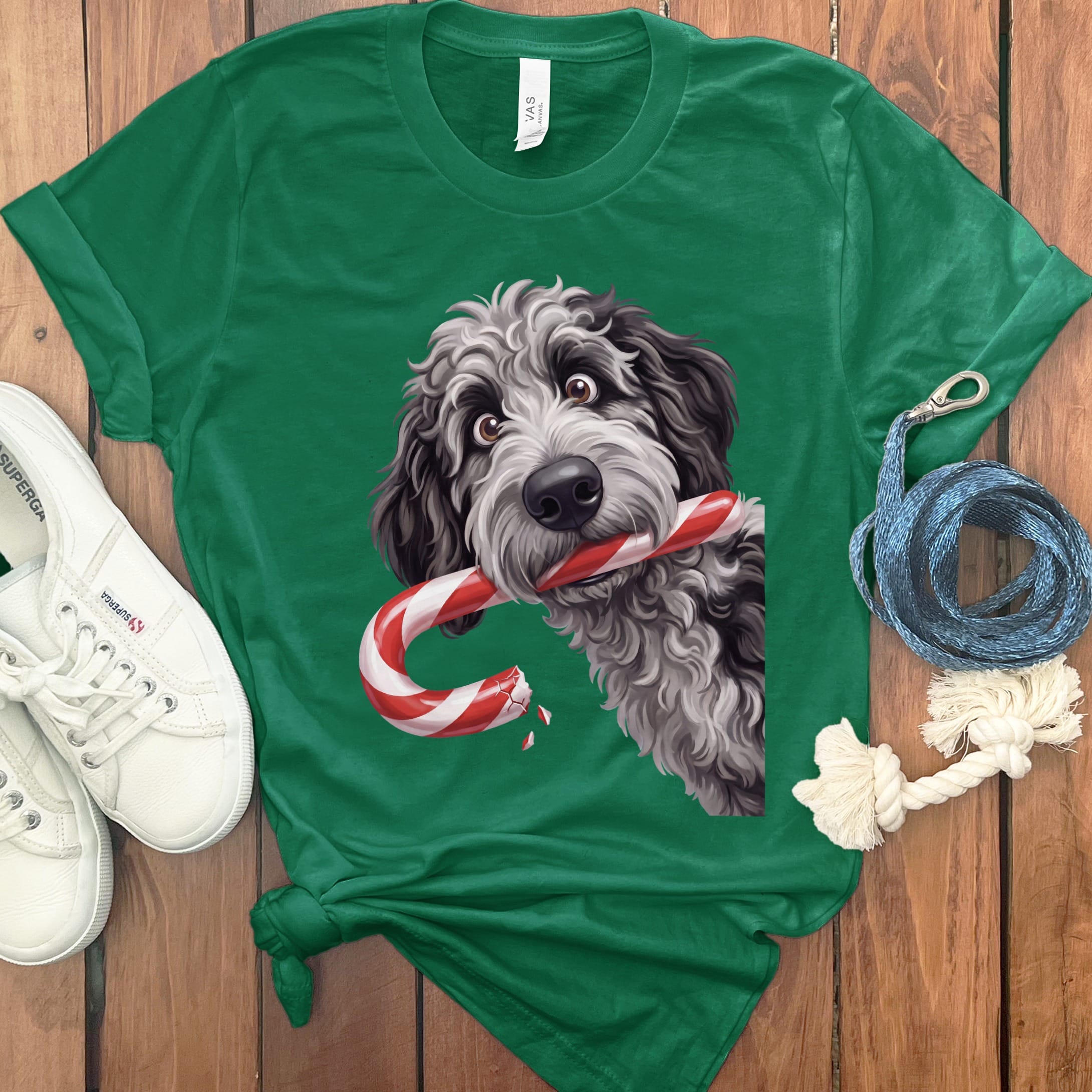 Merle Goldendoodle Candy Cane Thief T-Shirt in Kelly / S by Puppy Jo