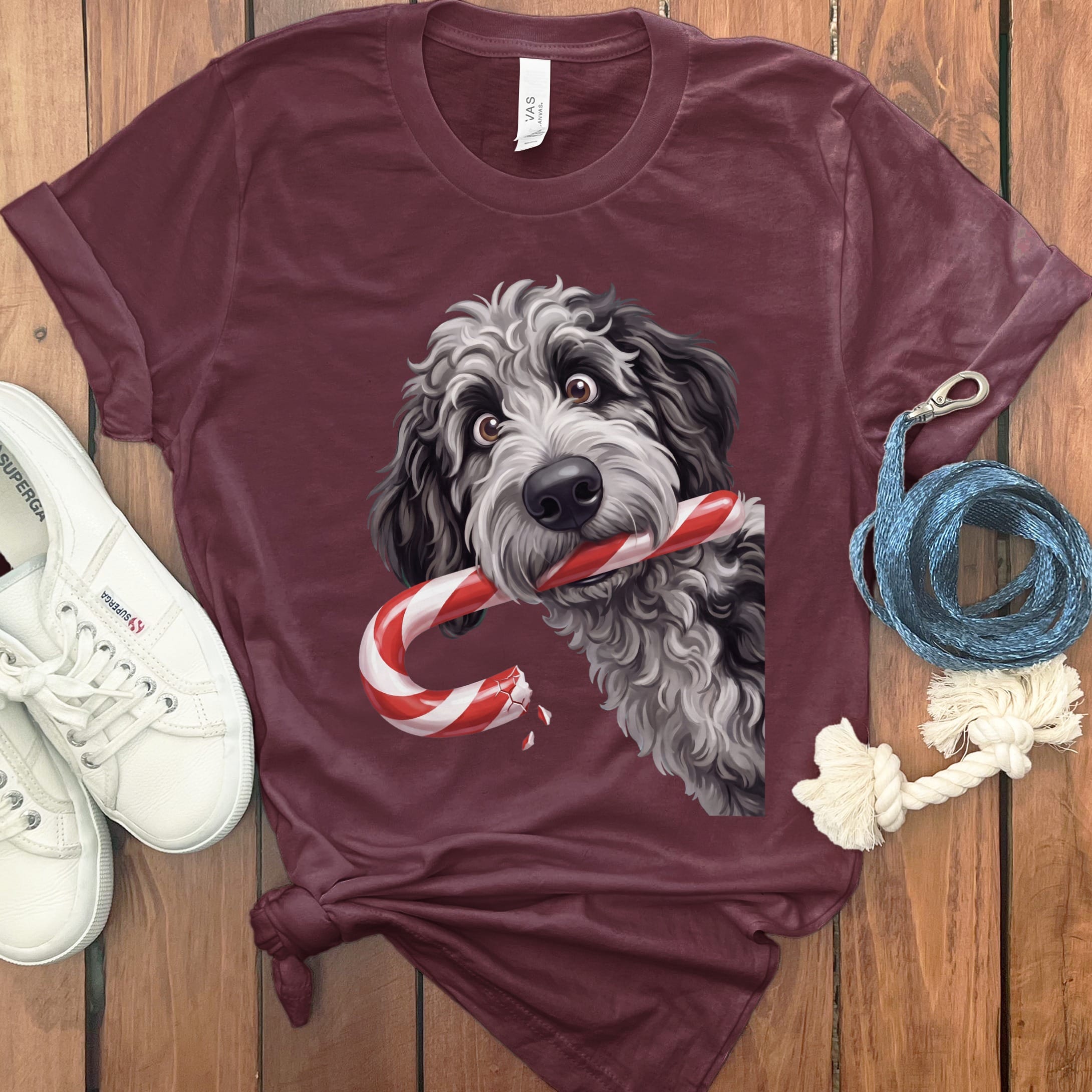 Merle Goldendoodle Candy Cane Thief T-Shirt in Maroon / S by Puppy Jo