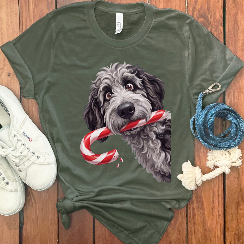 Merle Goldendoodle Candy Cane Thief T-Shirt in Military Green / S by Puppy Jo