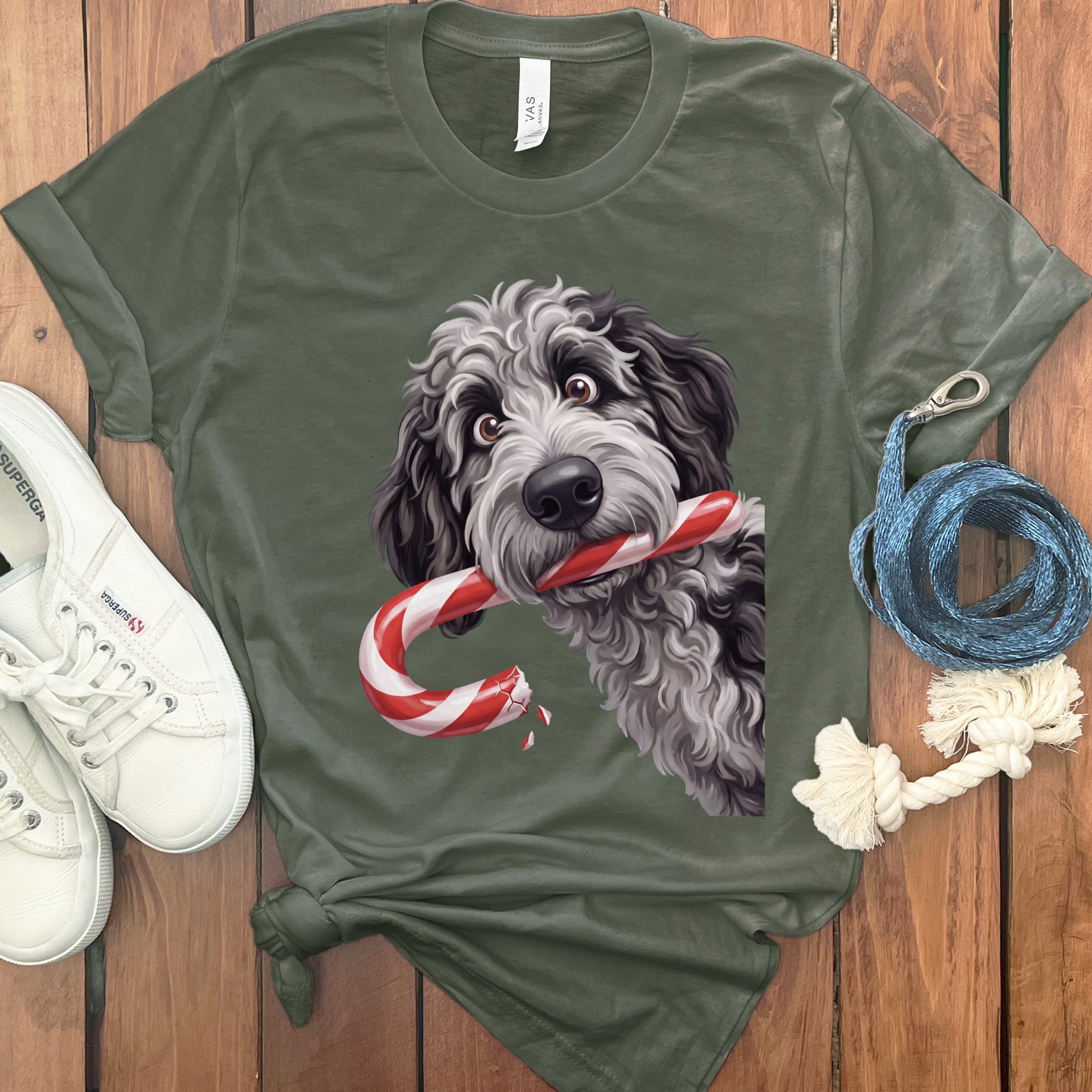 Merle Goldendoodle Candy Cane Thief T-Shirt in Military Green / S by Puppy Jo