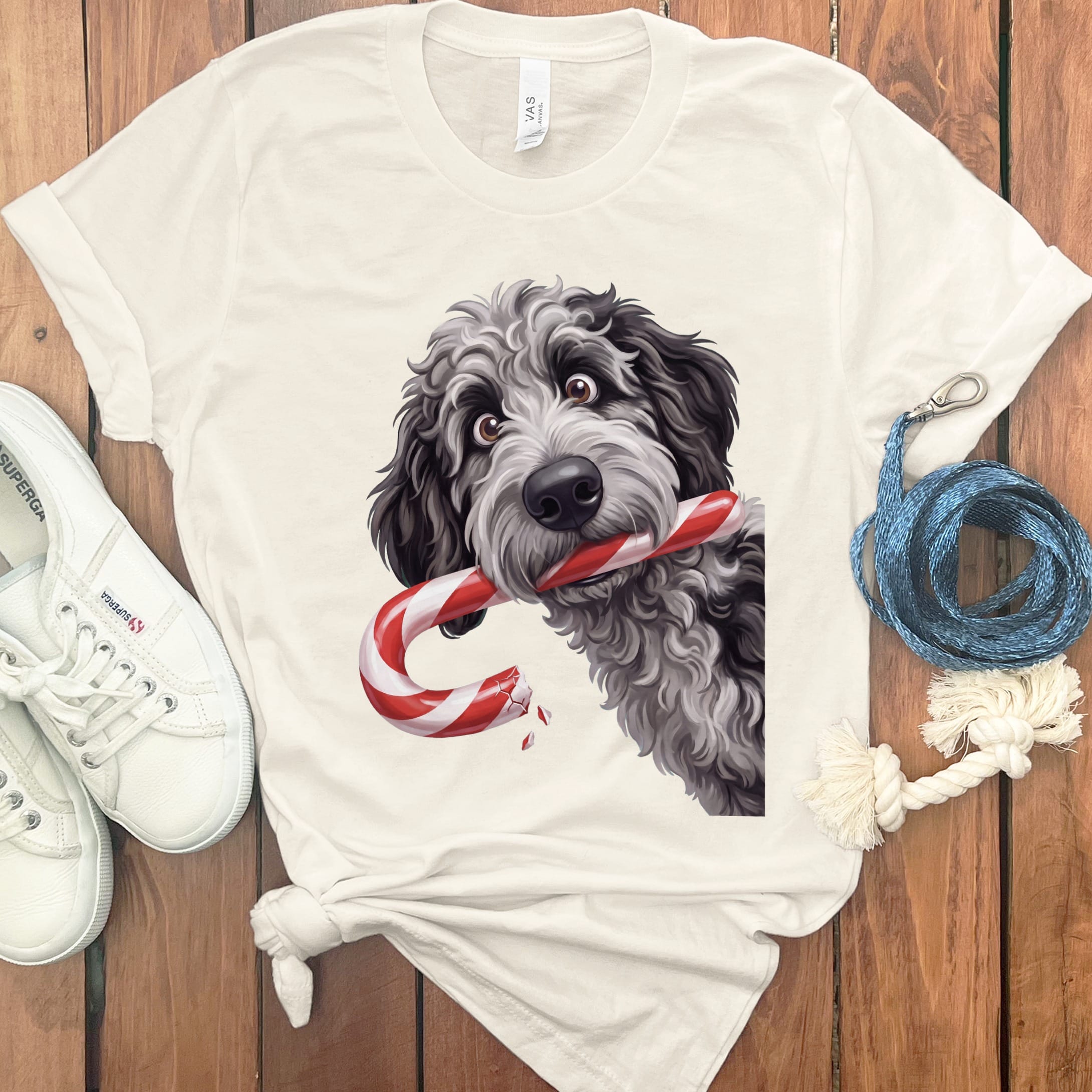 Merle Goldendoodle Candy Cane Thief T-Shirt in Natural / S by Puppy Jo