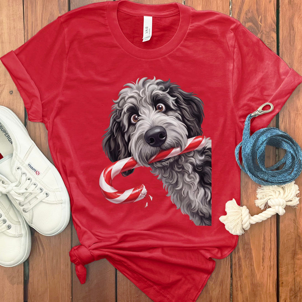 Merle Goldendoodle Candy Cane Thief T-Shirt in Red / S by Puppy Jo