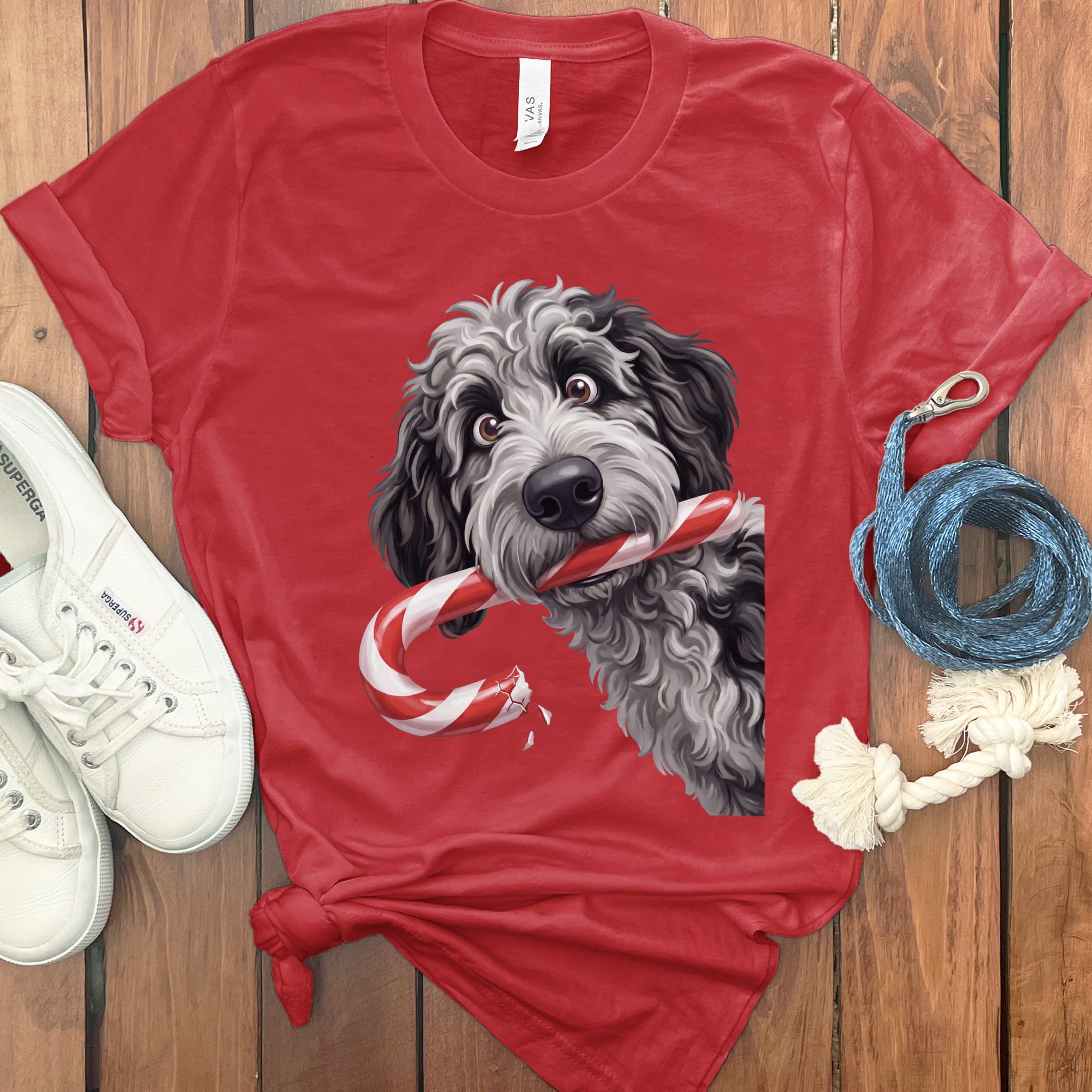 Merle Goldendoodle Candy Cane Thief T-Shirt in Red / S by Puppy Jo