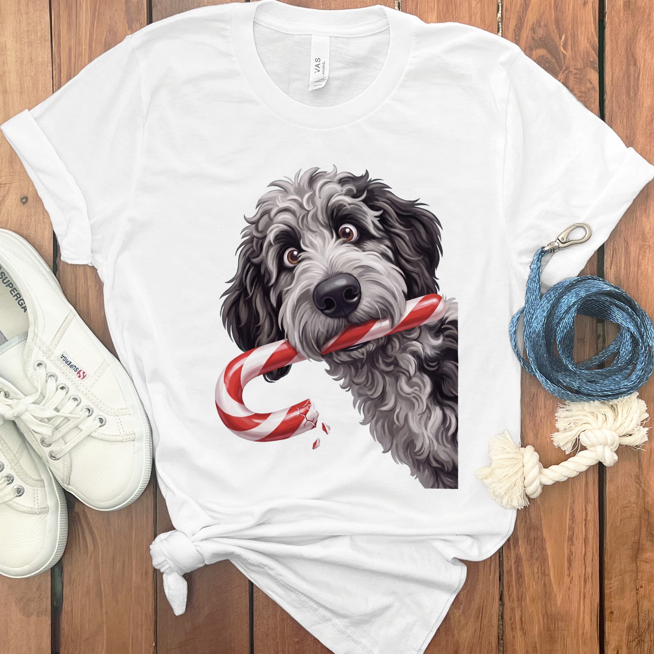 Merle Goldendoodle Candy Cane Thief T-Shirt in White / S by Puppy Jo