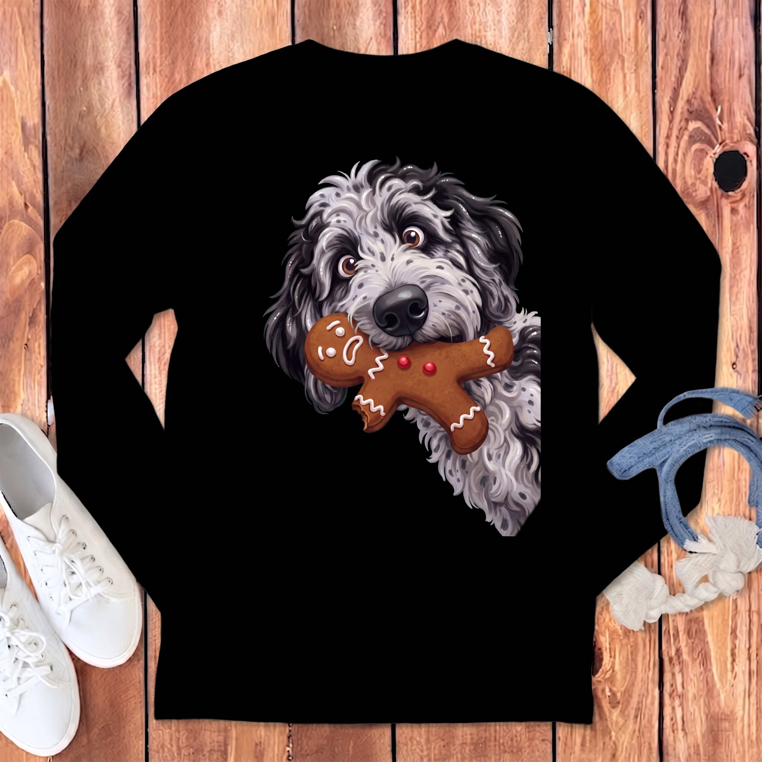 Merle Goldendoodle Cookie Thief Long Sleeve T-Shirt in Black / S by Puppy Jo