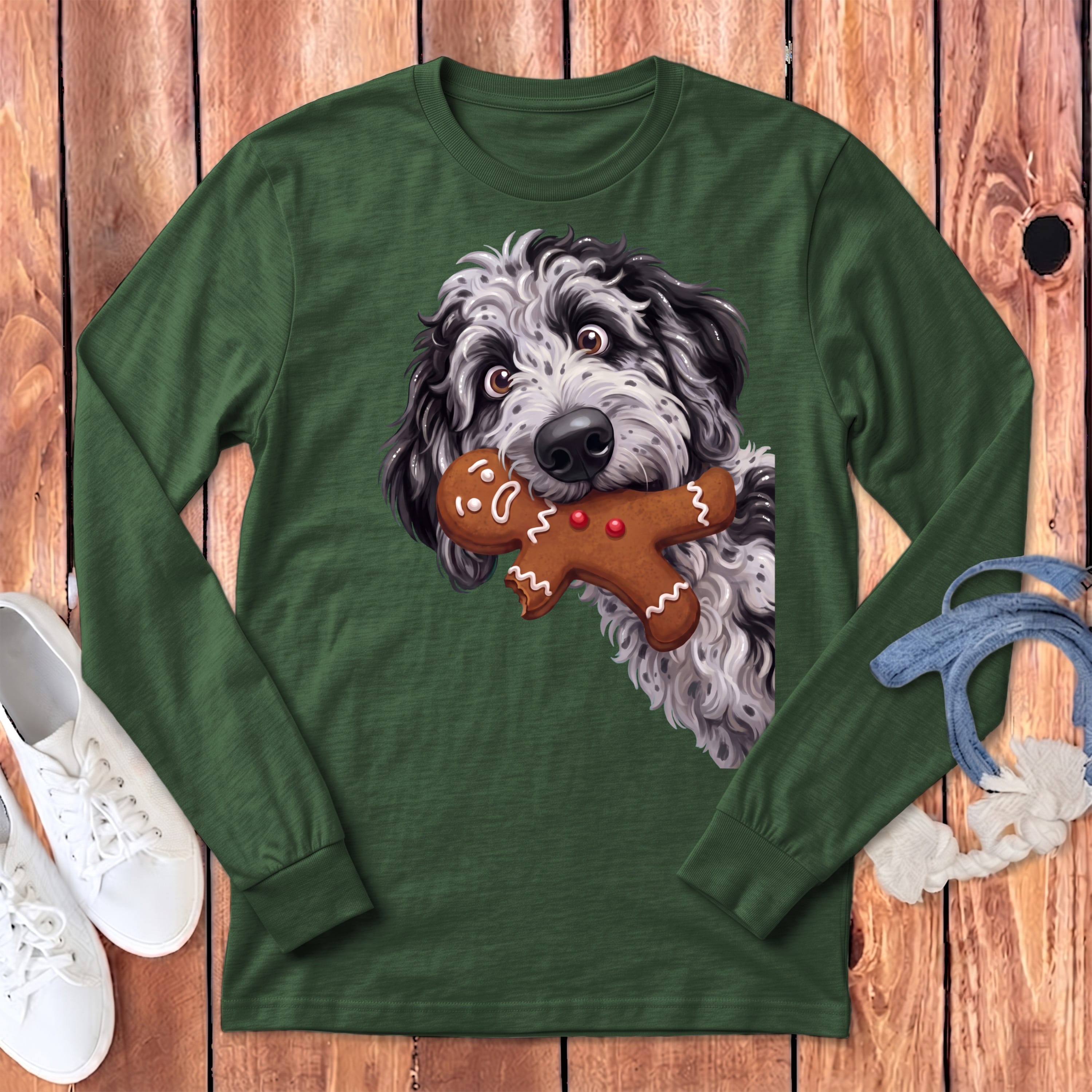 Merle Goldendoodle Cookie Thief Long Sleeve T-Shirt in Heather Forest / S by Puppy Jo