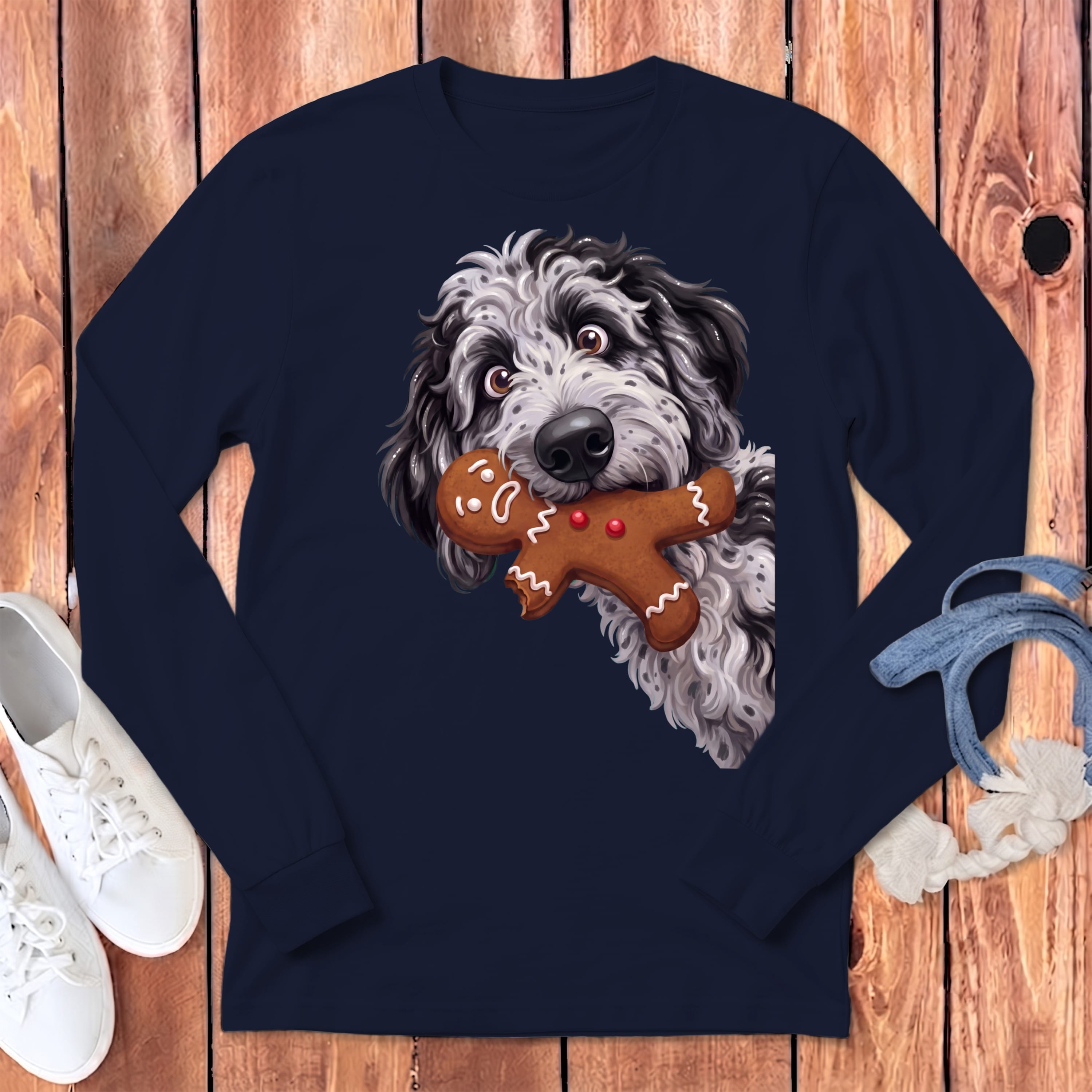 Merle Goldendoodle Cookie Thief Long Sleeve T-Shirt in Navy / S by Puppy Jo