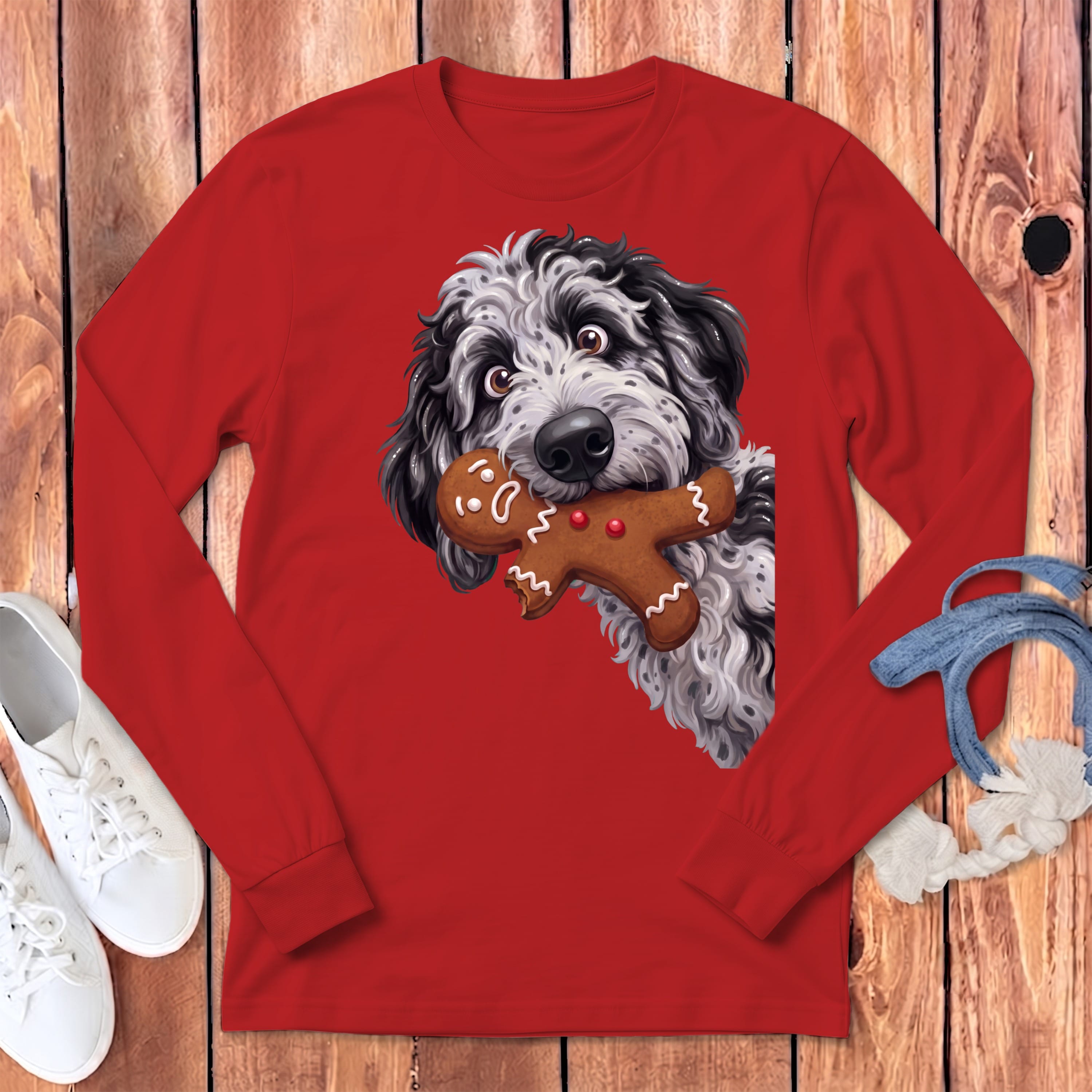 Merle Goldendoodle Cookie Thief Long Sleeve T-Shirt in Red / S by Puppy Jo