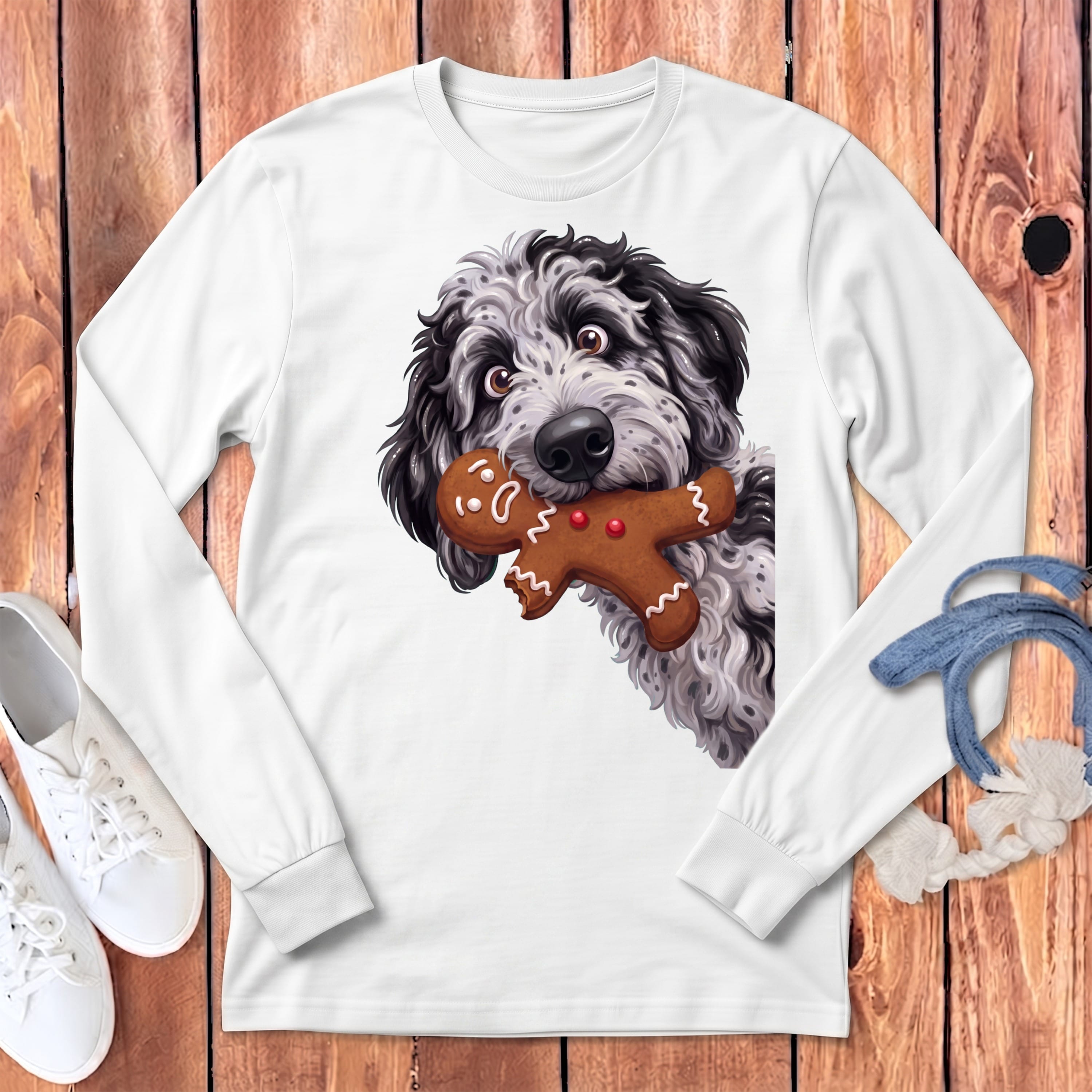 Merle Goldendoodle Cookie Thief Long Sleeve T-Shirt in White / S by Puppy Jo