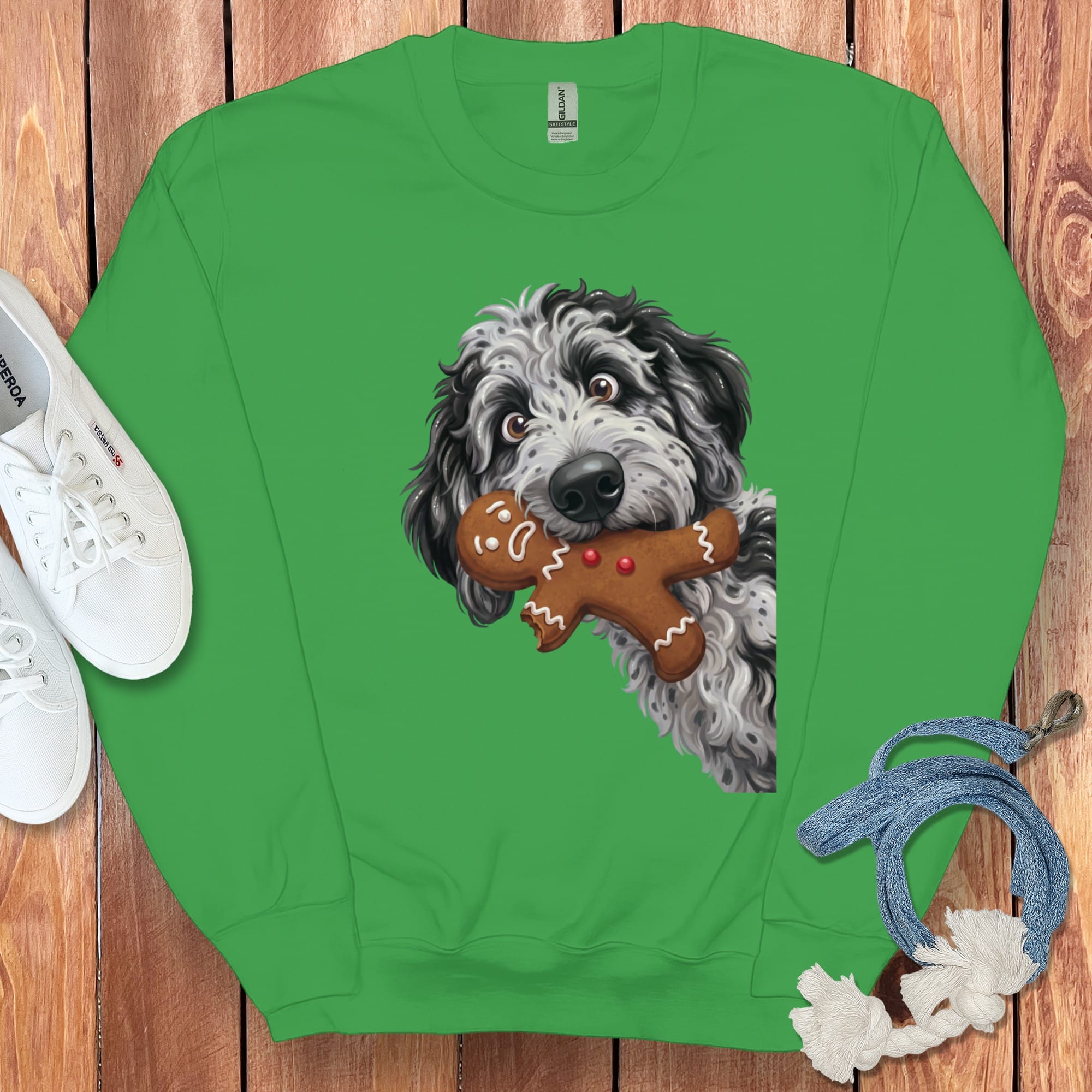 Merle Goldendoodle Cookie Thief Sweatshirt in Irish Green / S by Puppy Jo