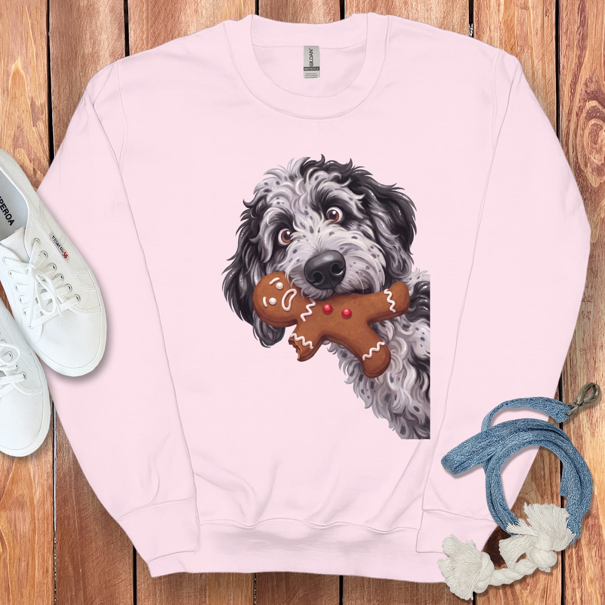 Merle Goldendoodle Cookie Thief Sweatshirt in Light Pink / S by Puppy Jo