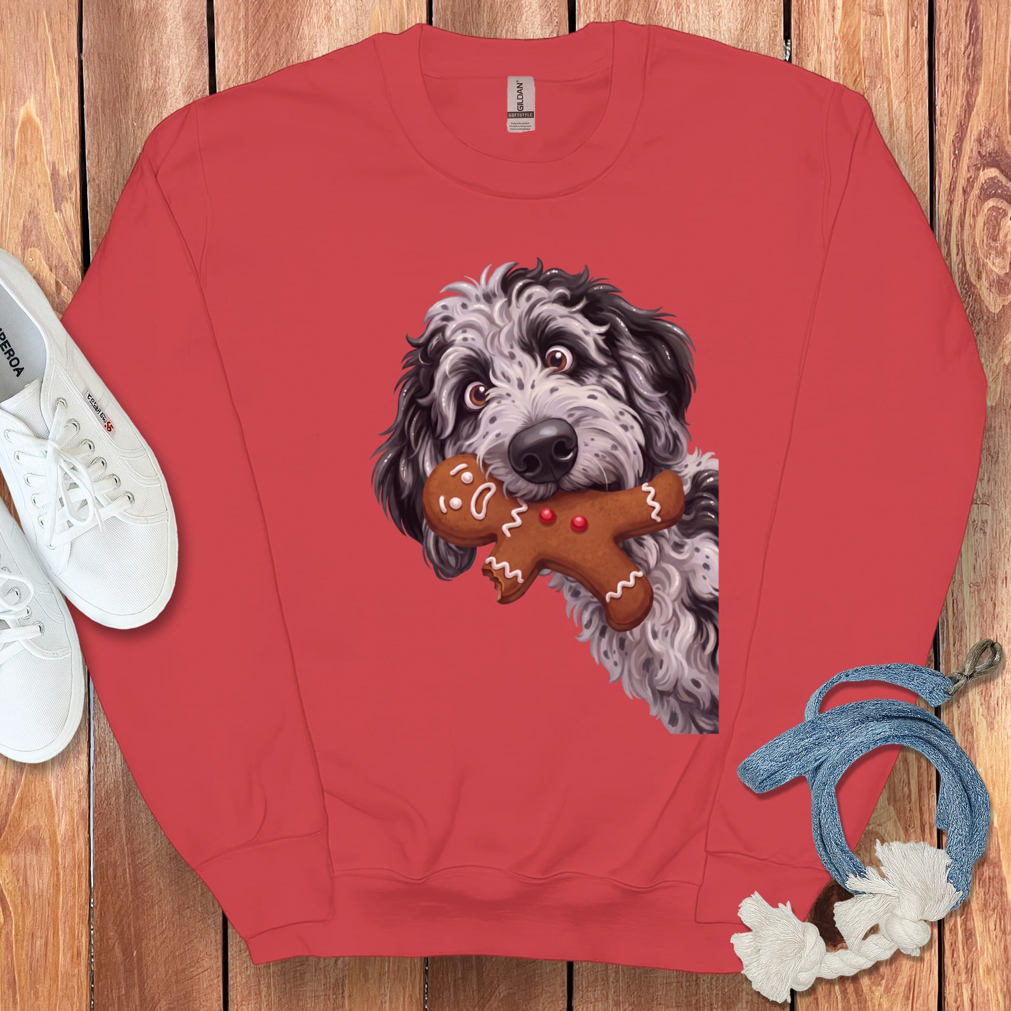 Merle Goldendoodle Cookie Thief Sweatshirt in Red / S by Puppy Jo