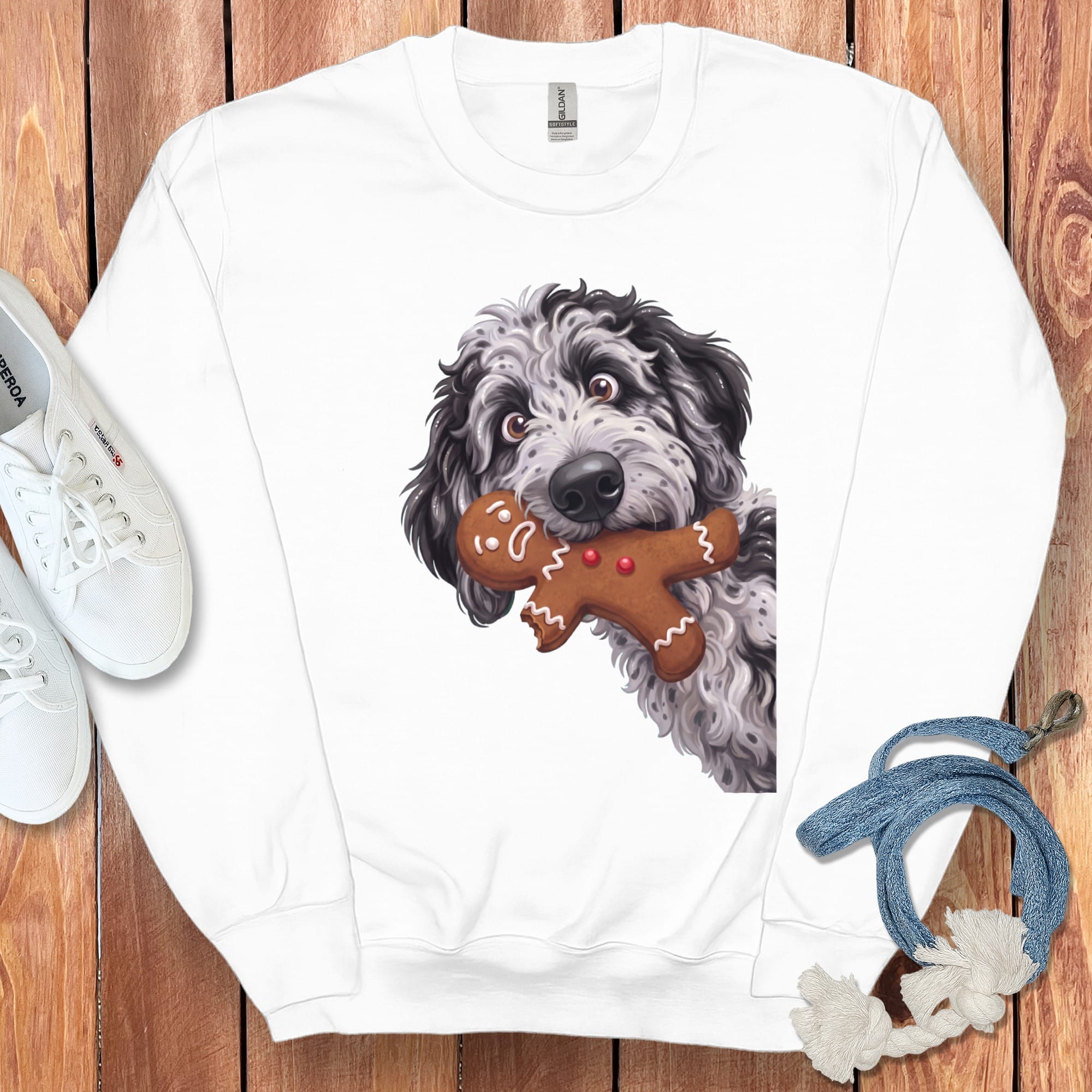 Merle Goldendoodle Cookie Thief Sweatshirt in White / S by Puppy Jo