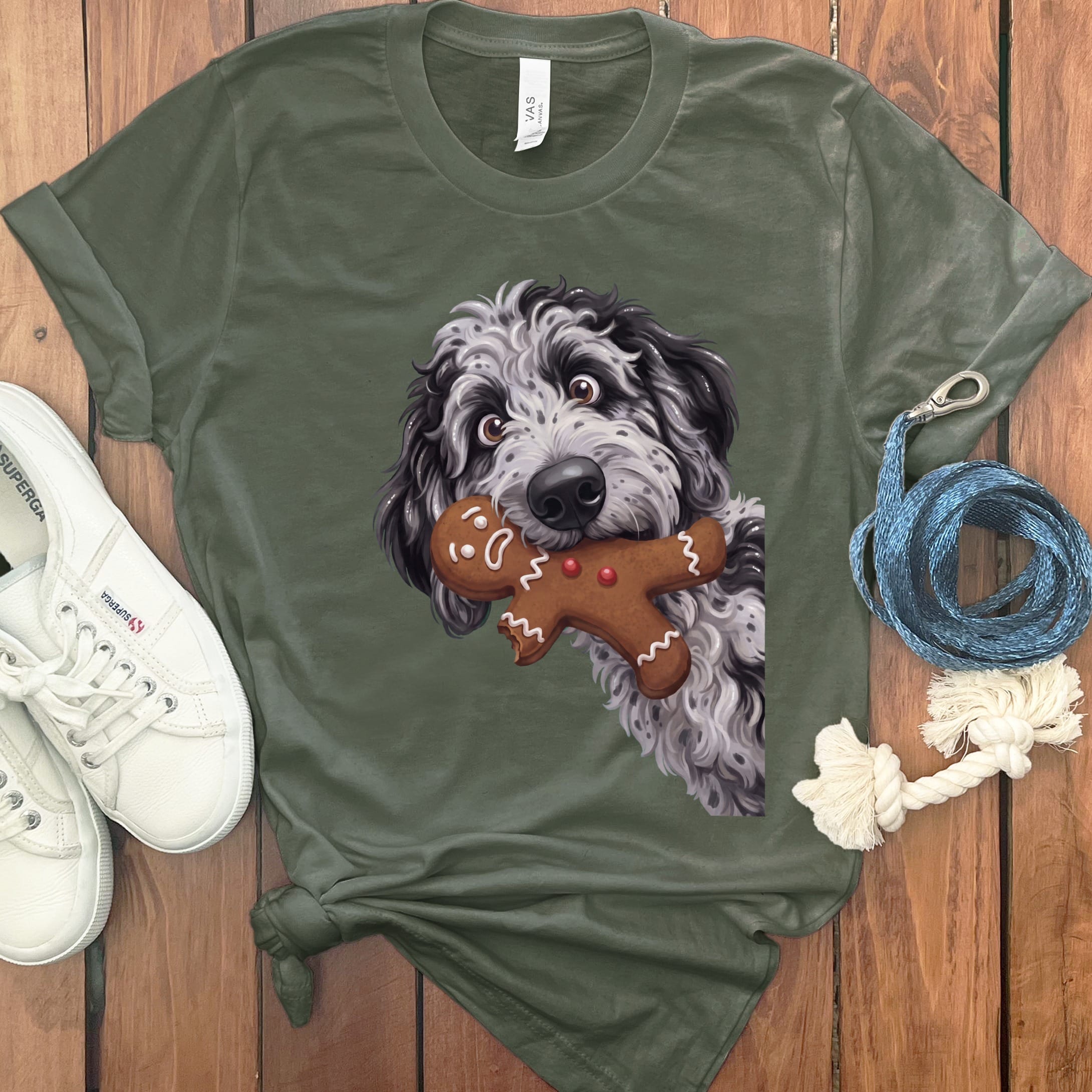 Merle Goldendoodle Cookie Thief T-Shirt in Military Green / S by Puppy Jo