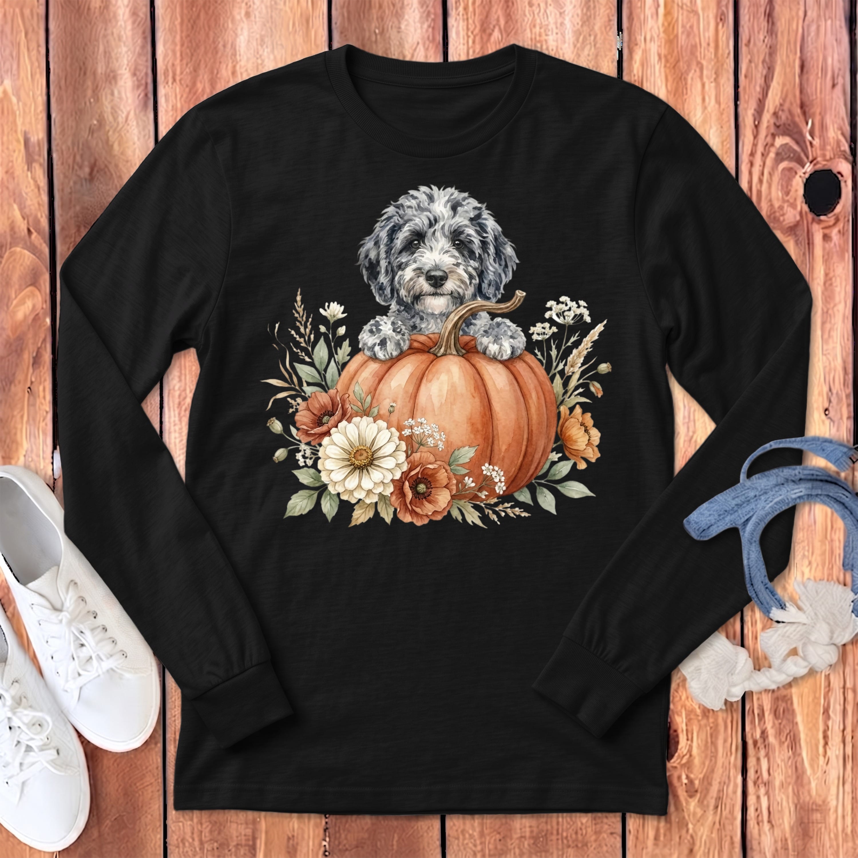 Merle Goldendoodle Fall Long Sleeve T-Shirt in Dark Grey Heather / S by Puppy Jo