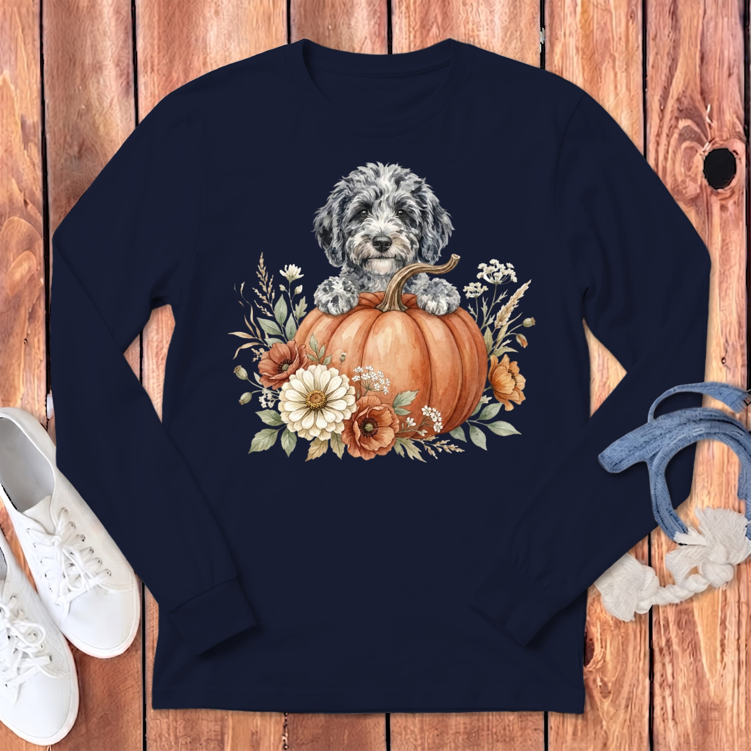 Merle Goldendoodle Fall Long Sleeve T-Shirt in Navy / S by Puppy Jo