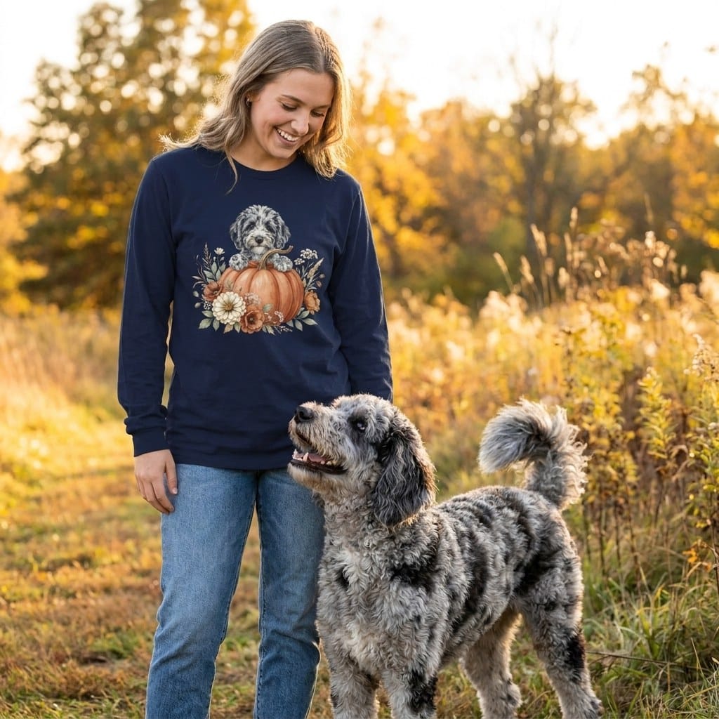 Merle Goldendoodle Fall Long Sleeve T-Shirt in by Puppy Jo