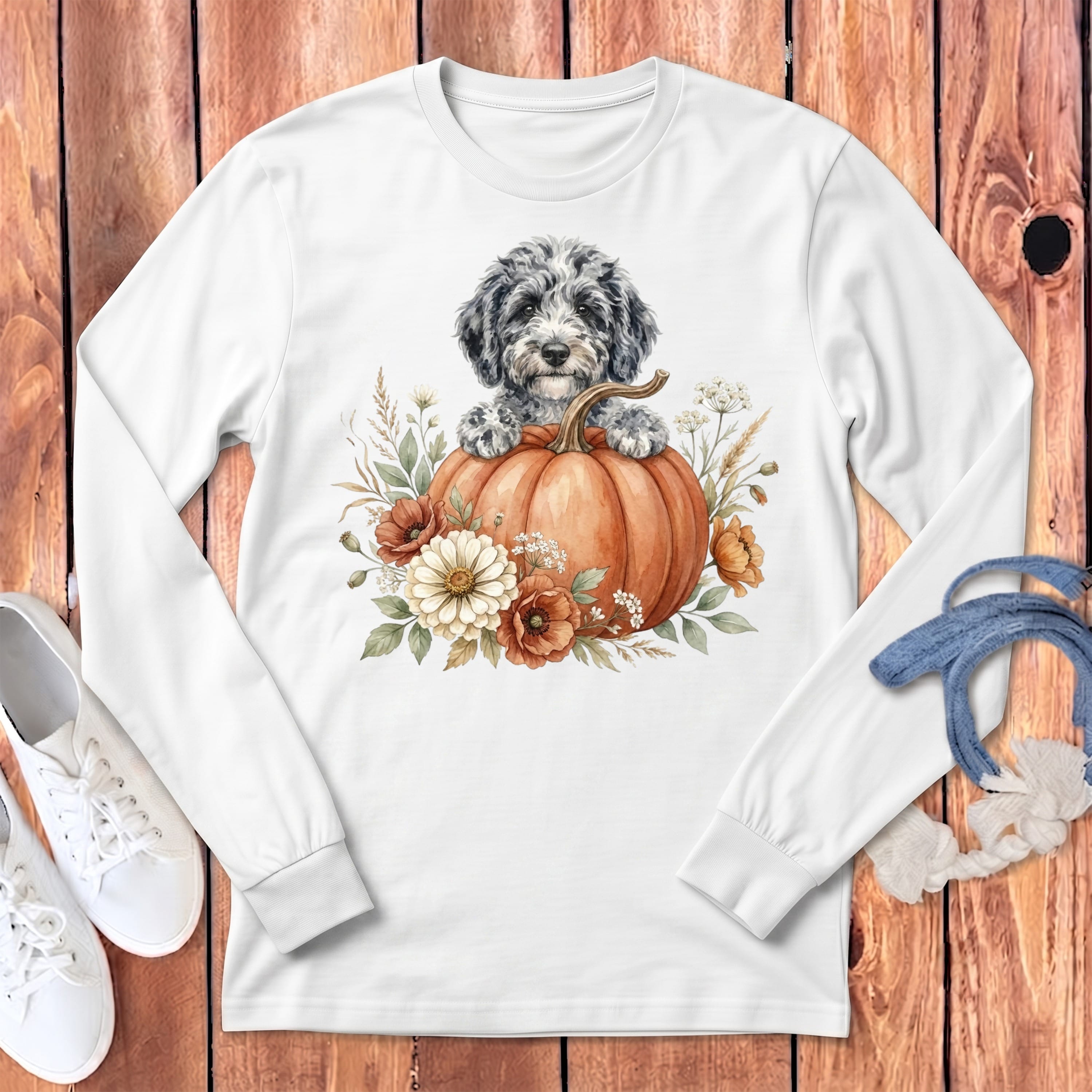 Merle Goldendoodle Fall Long Sleeve T-Shirt in White / S by Puppy Jo