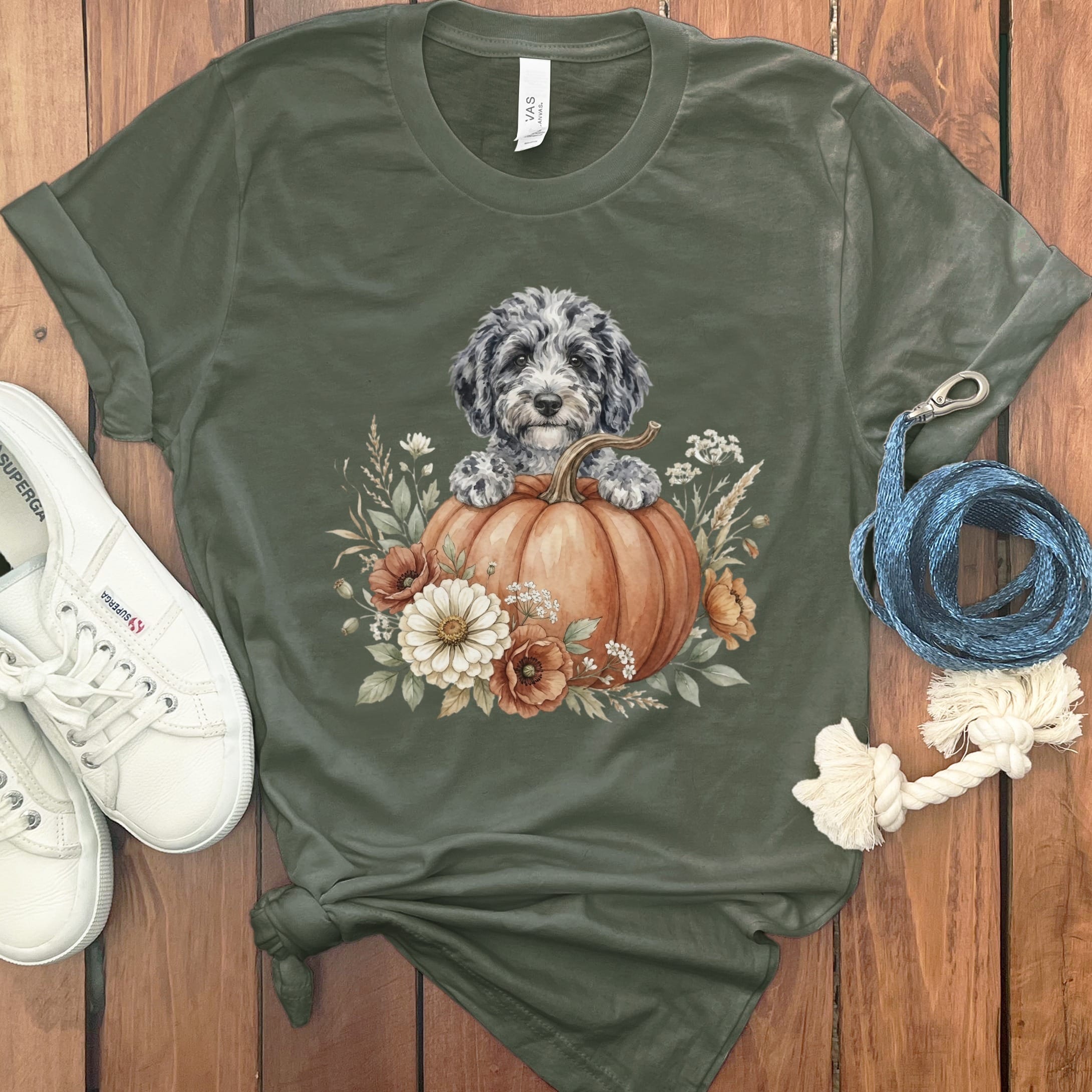 Merle Goldendoodle Fall T-Shirt in Military Green / S by Puppy Jo