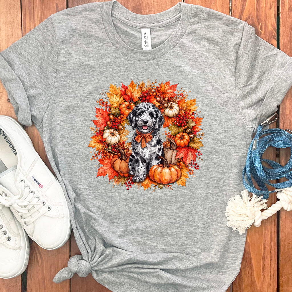 Merle Goldendoodle Fall Wreath T-Shirt in Athletic Heather / S by Puppy Jo