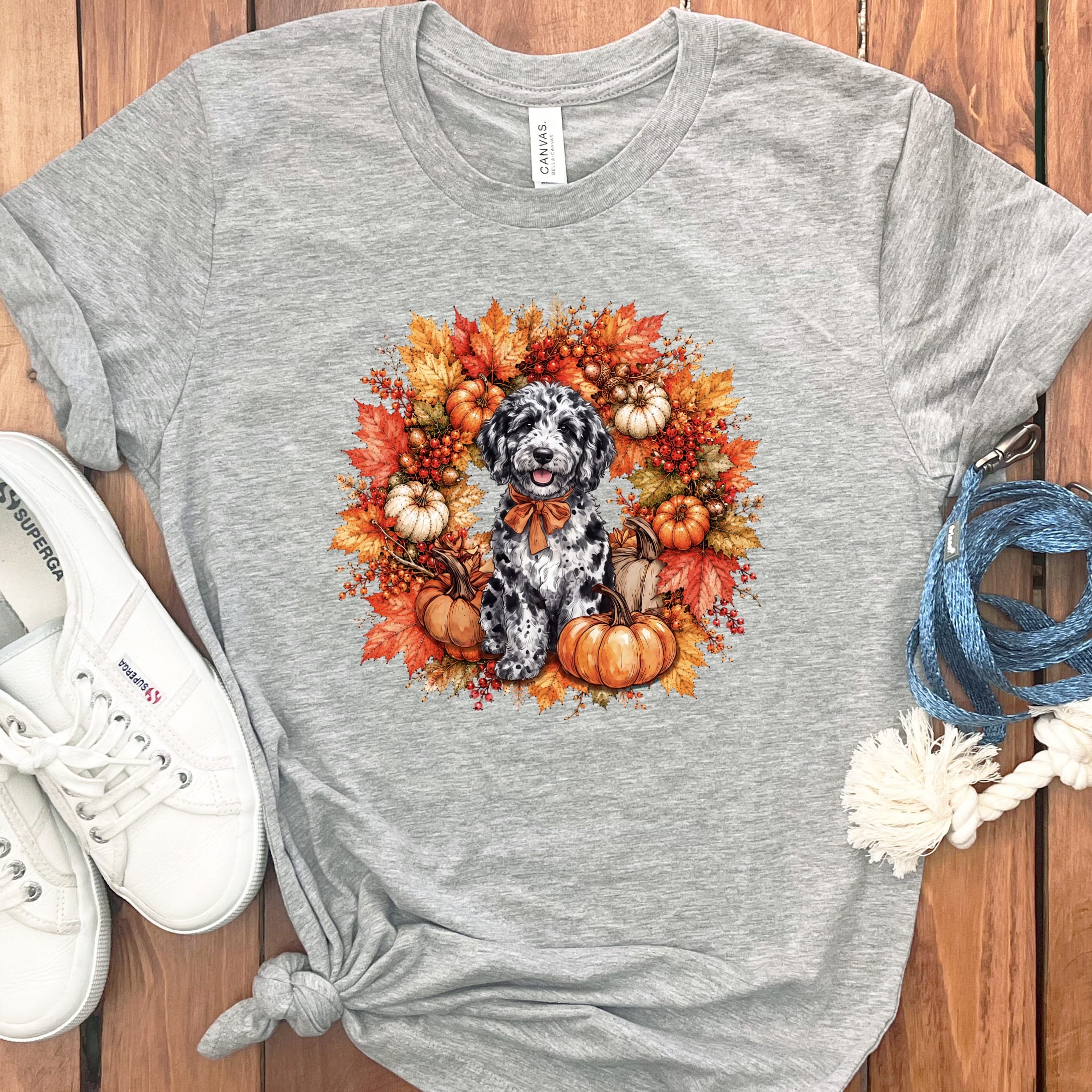 Merle Goldendoodle Fall Wreath T-Shirt in Athletic Heather / S by Puppy Jo